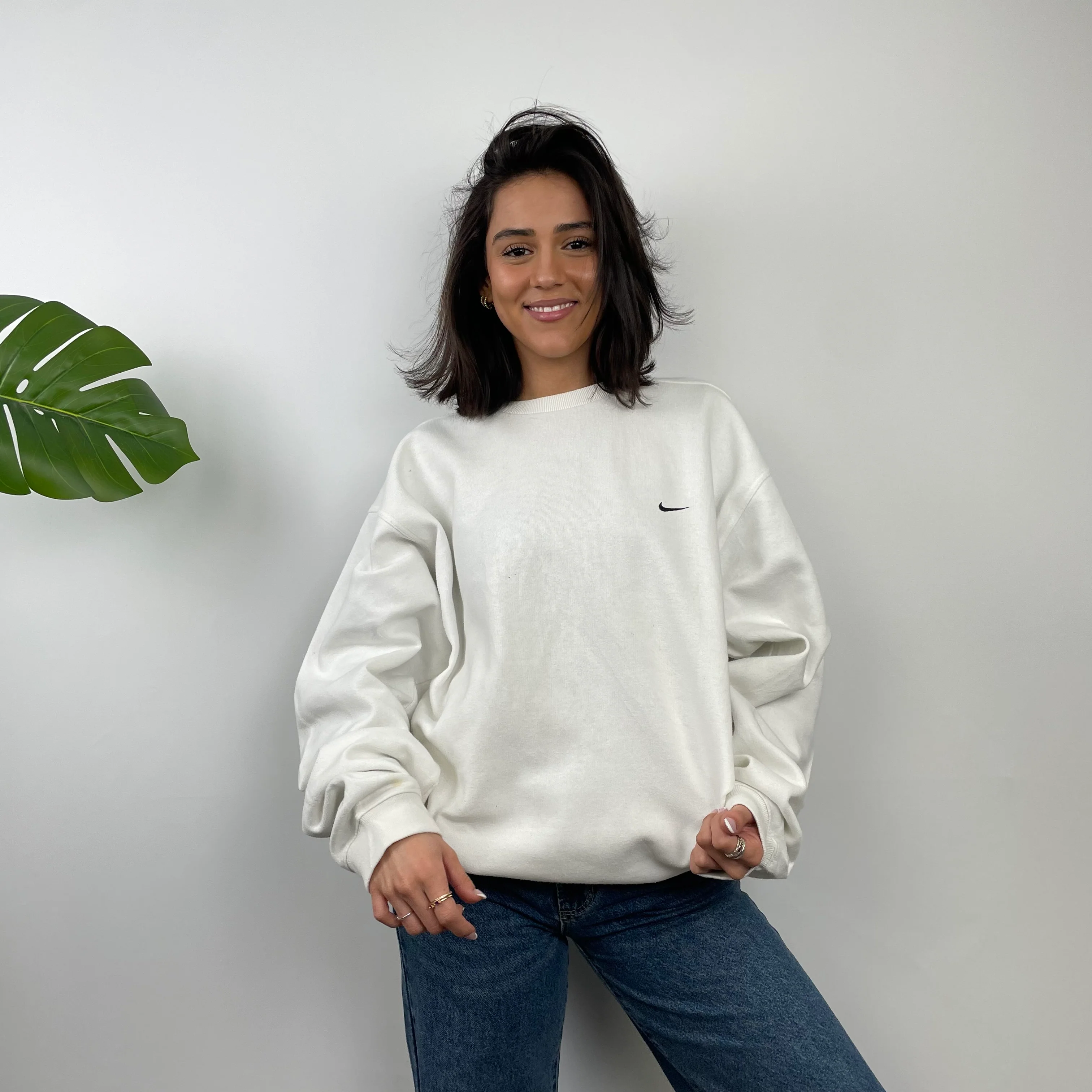 Nike RARE White Embroidered Swoosh Sweatshirt (L) - Image 2