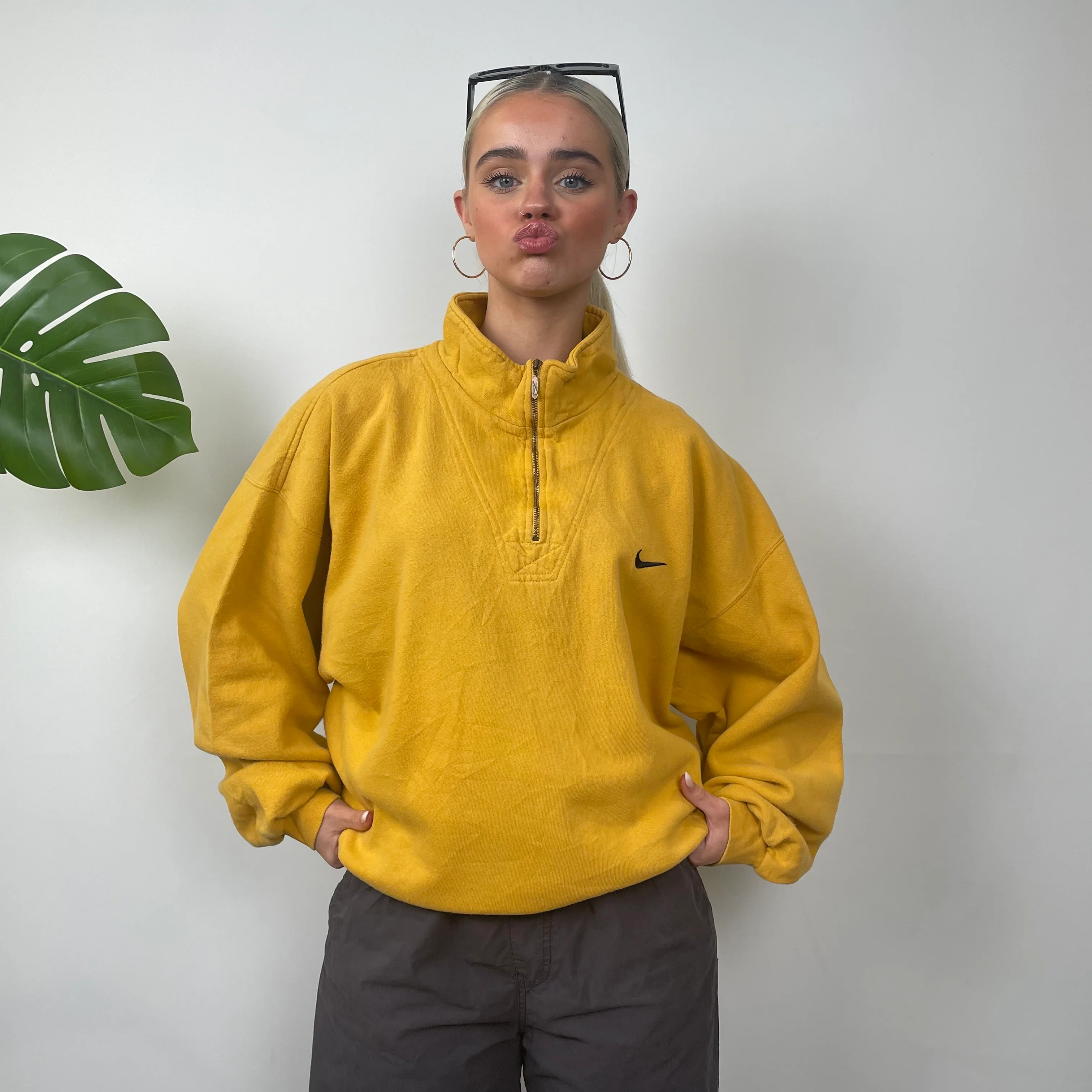 Nike RARE Yellow Embroidered Swoosh Quarter Zip Sweatshirt (L) - Image 2