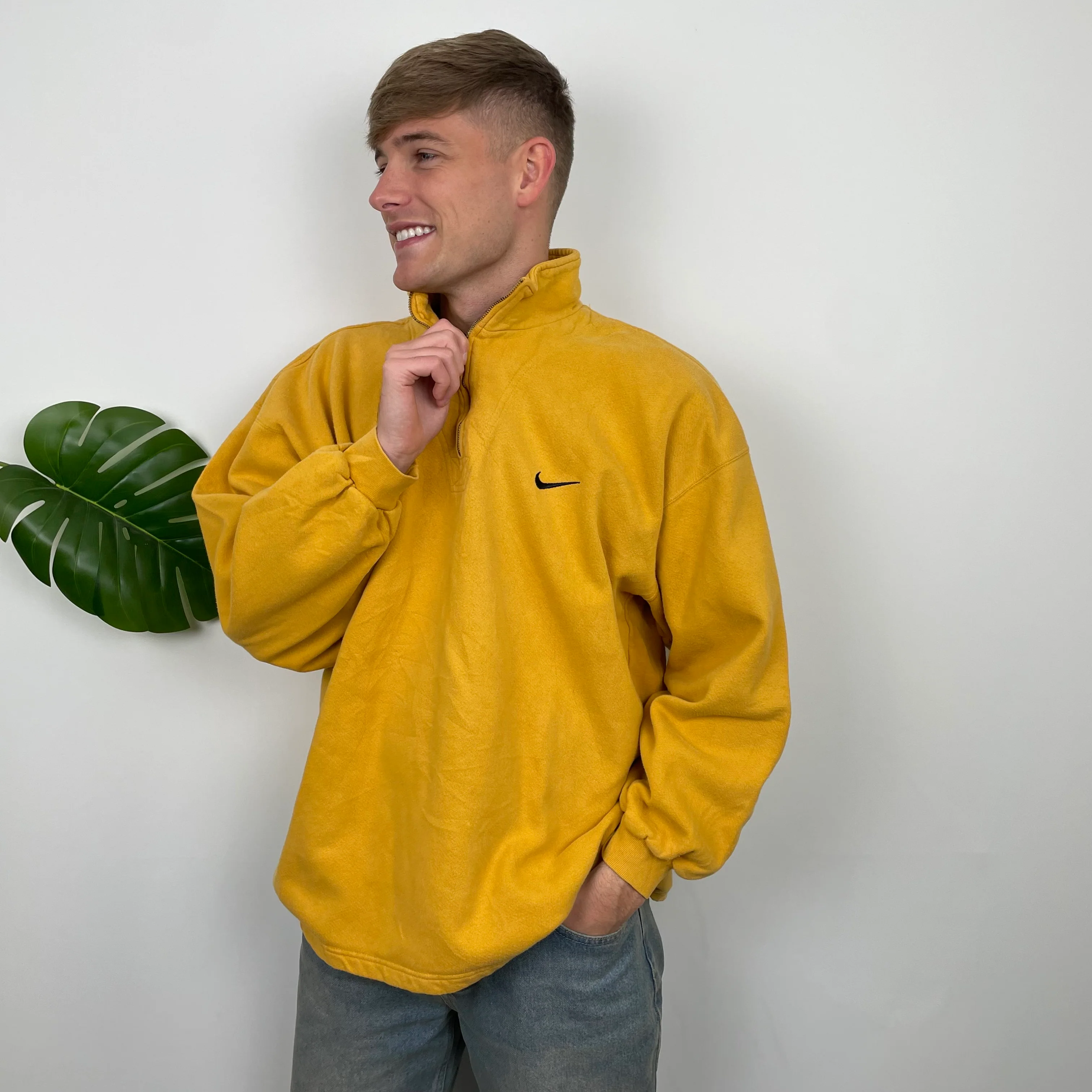 Nike RARE Yellow Embroidered Swoosh Quarter Zip Sweatshirt (L) - Image 3
