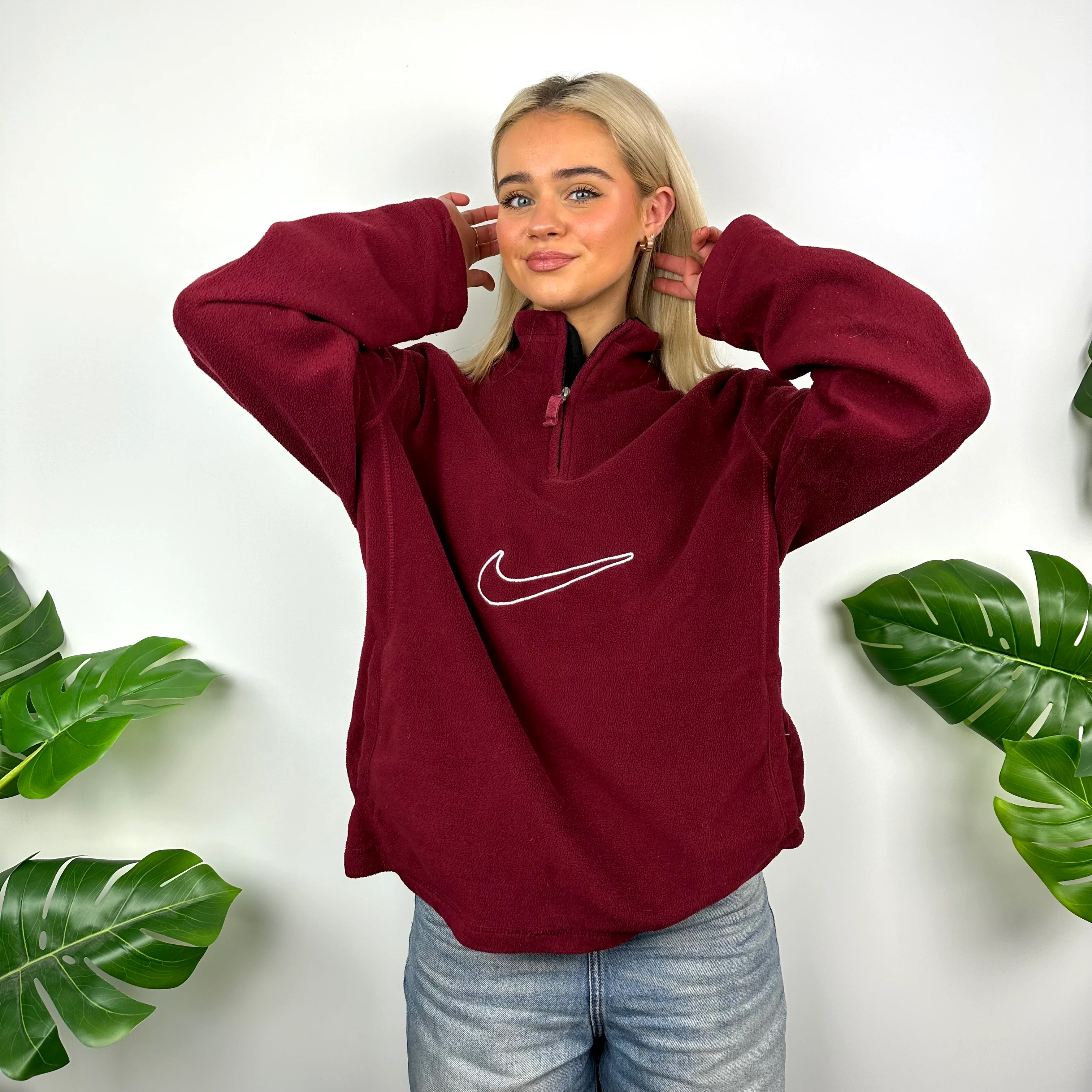 Nike Maroon Embroidered Swoosh Quarter Zip Sweatshirt (M) - Image 2