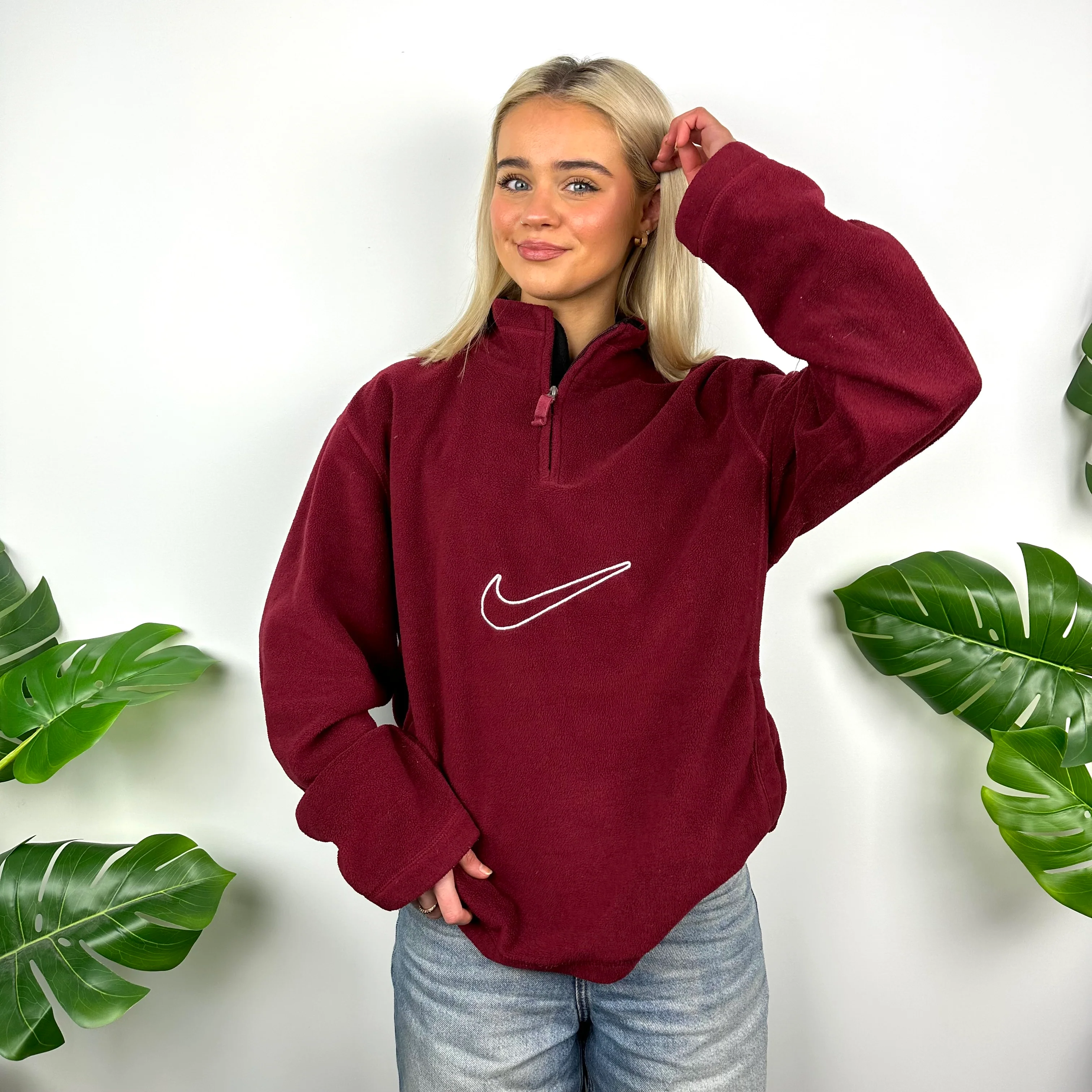 Nike Maroon Embroidered Swoosh Quarter Zip Sweatshirt (M) - Image 3