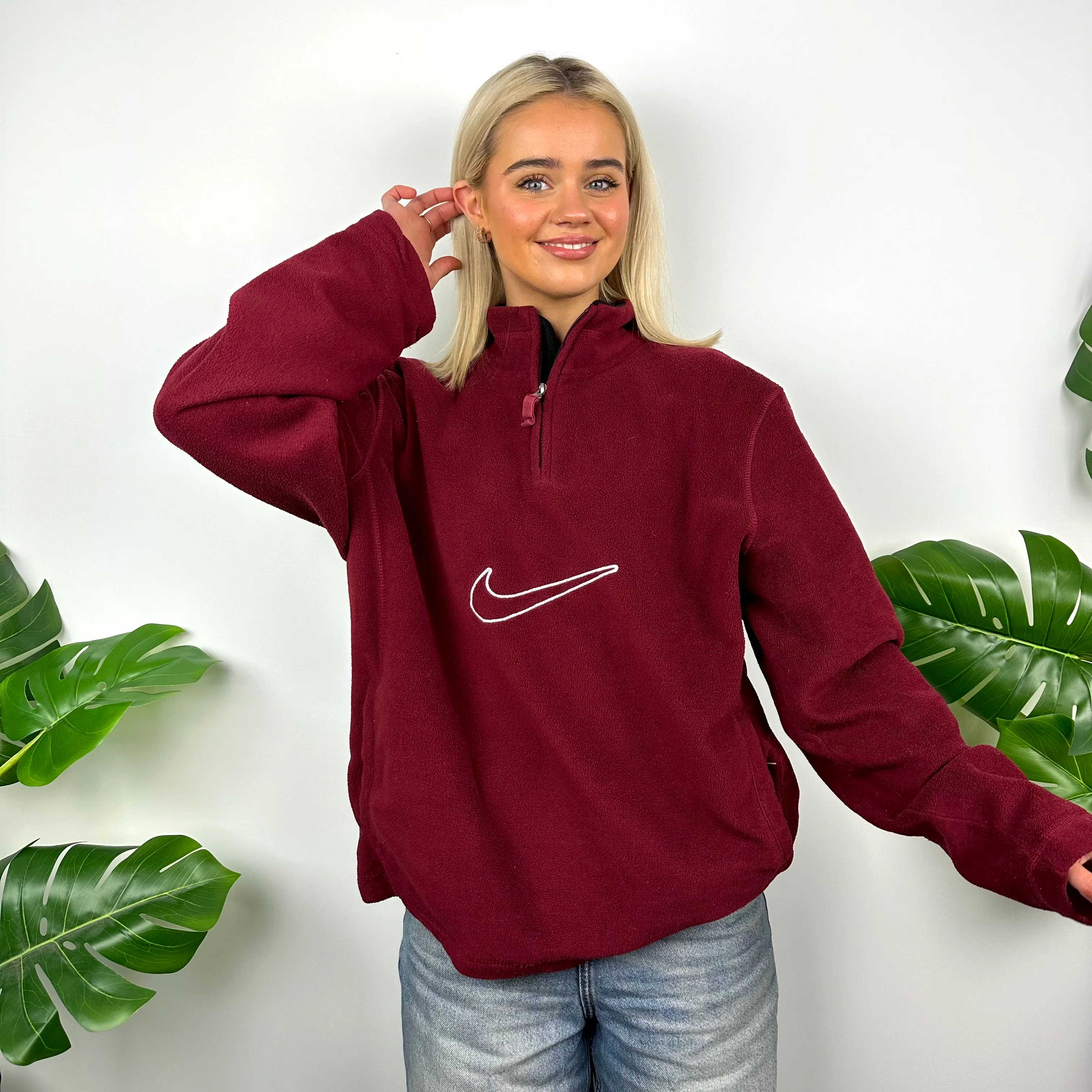 Nike Maroon Embroidered Swoosh Quarter Zip Sweatshirt (M) - Image 5