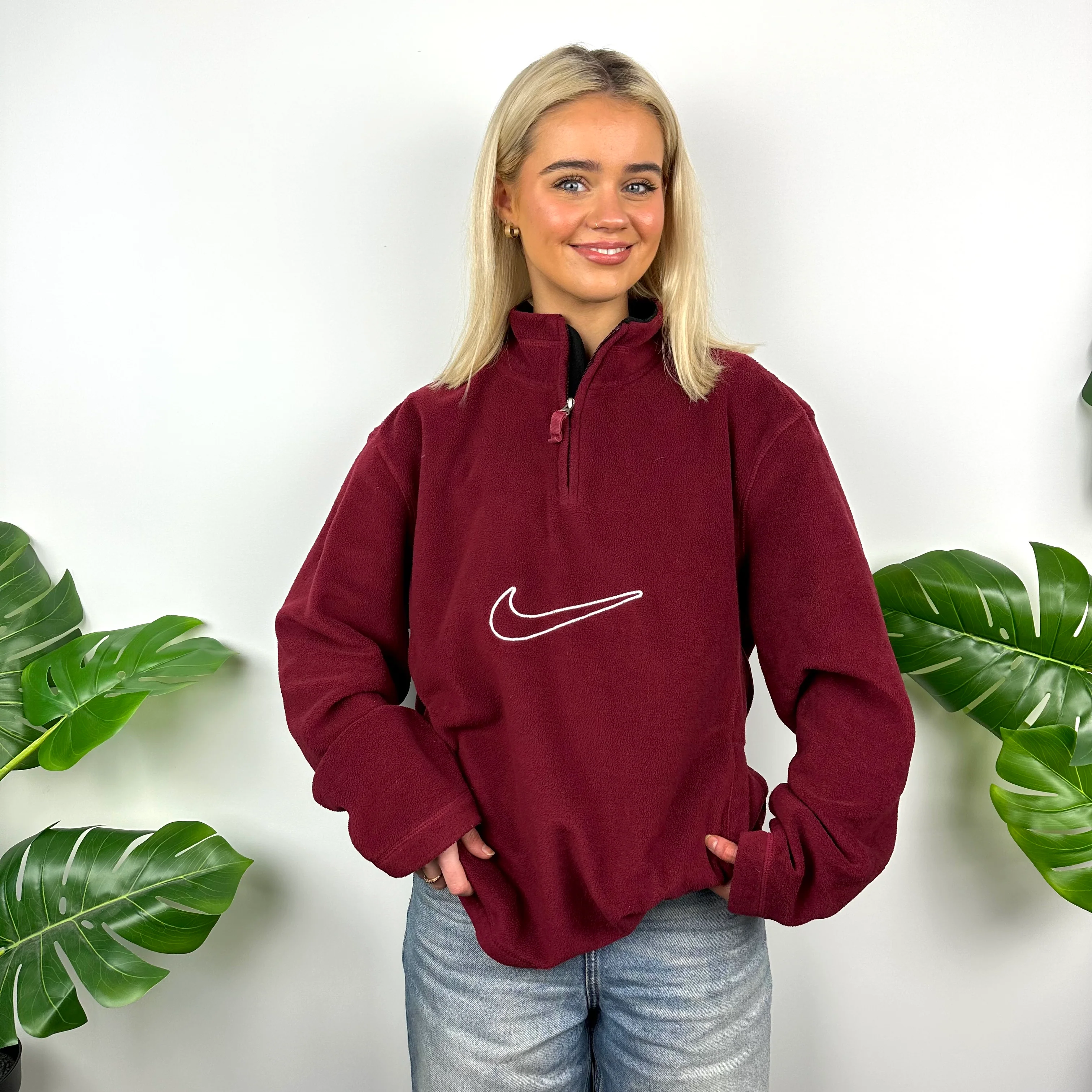 Nike Maroon Embroidered Swoosh Quarter Zip Sweatshirt (M) - Image 6