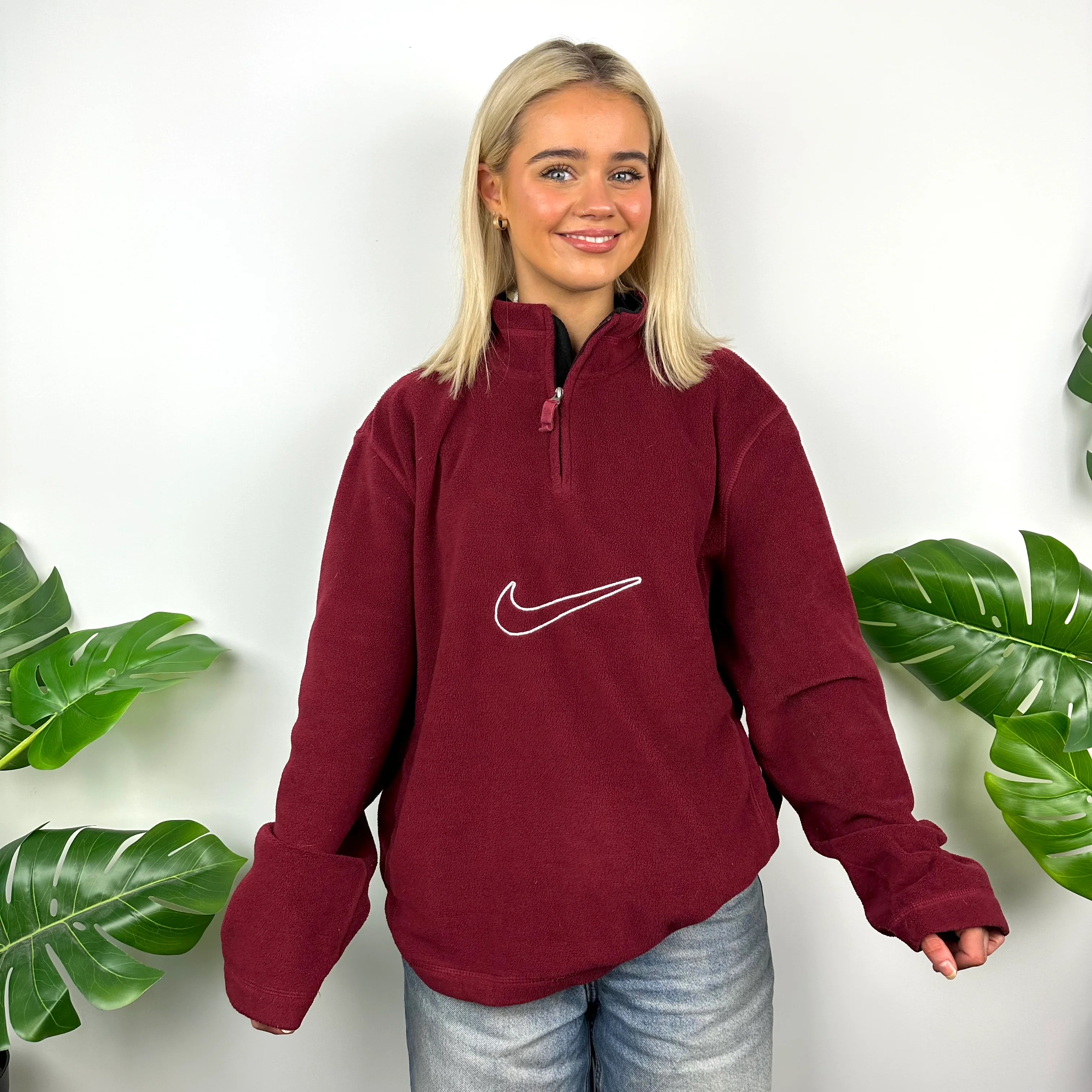 Nike Maroon Embroidered Swoosh Quarter Zip Sweatshirt (M) - Image 7