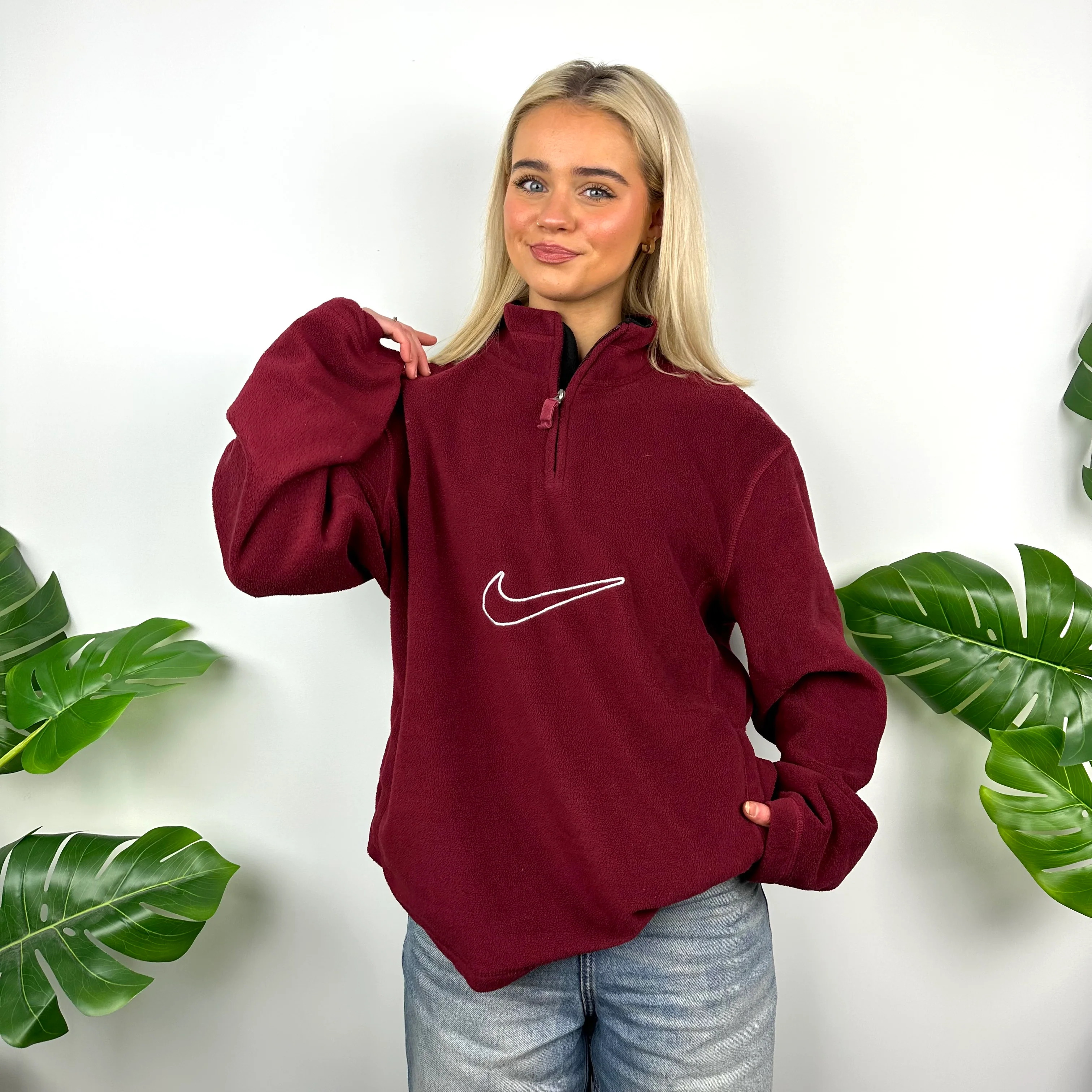 Nike Maroon Embroidered Swoosh Quarter Zip Sweatshirt (M) - Image 8
