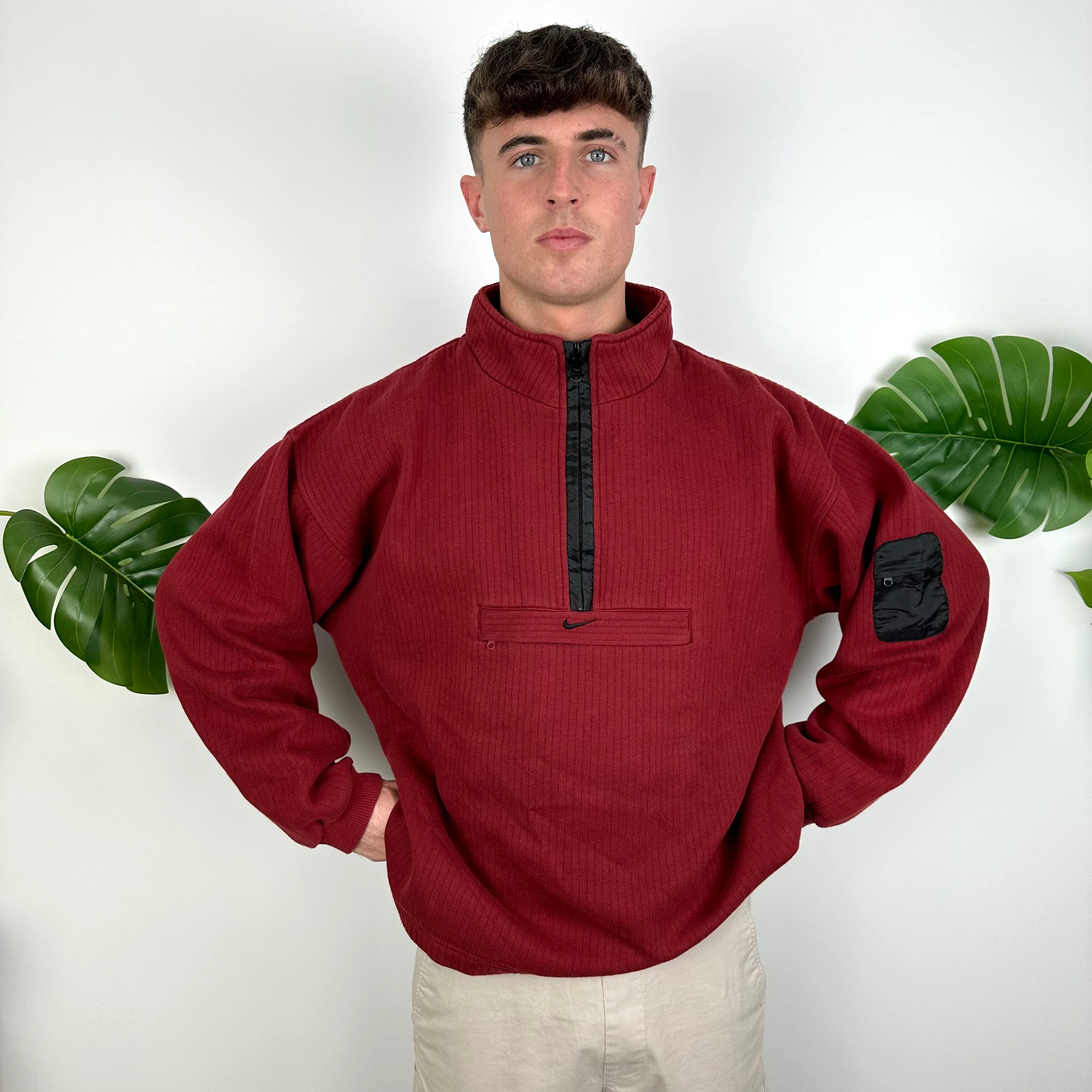 Nike Red Embroidered Swoosh Quarter Zip Sweatshirt (L) - Image 5