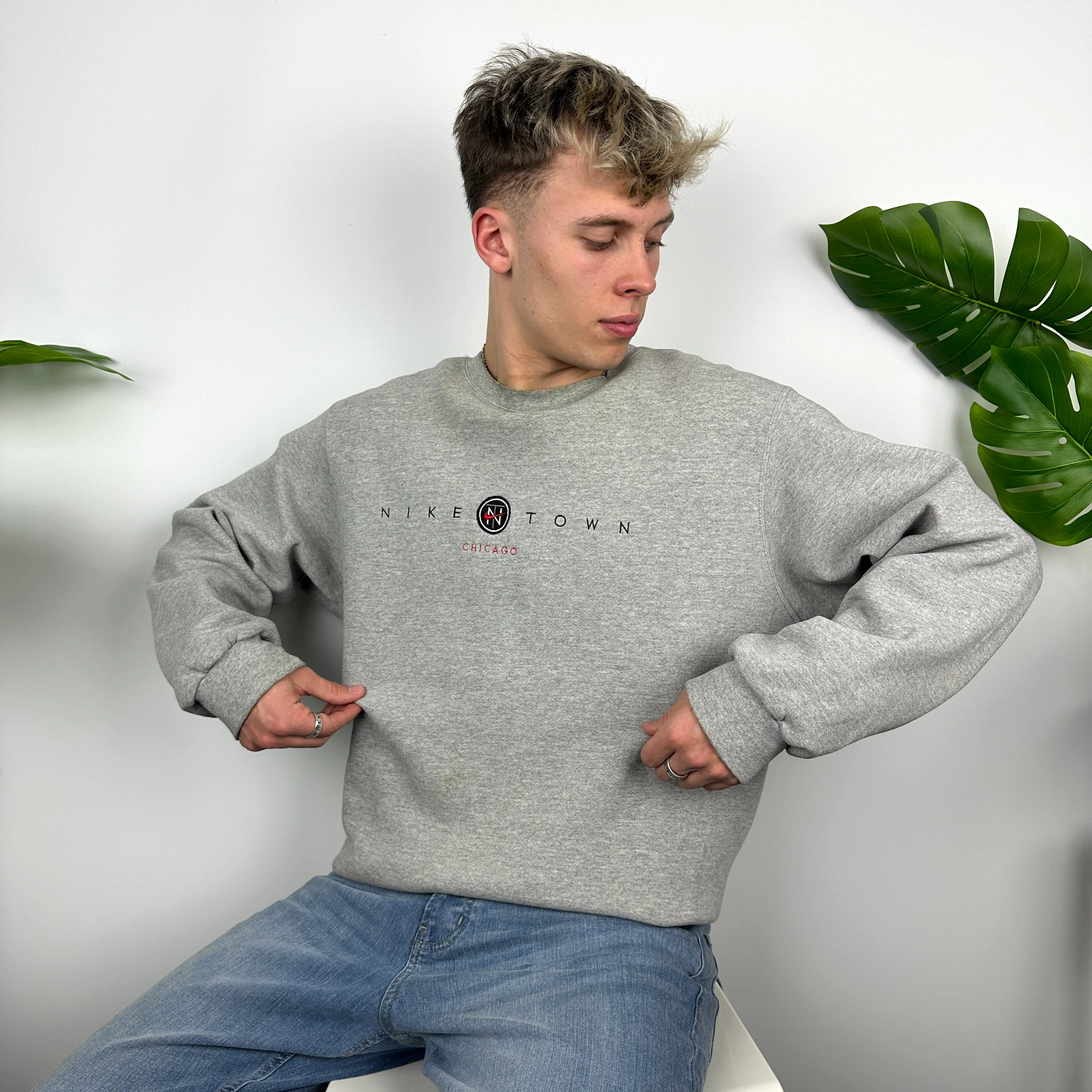 Nike Town Chicago Grey Embroidered Spell Out Sweatshirt (L) - Image 4