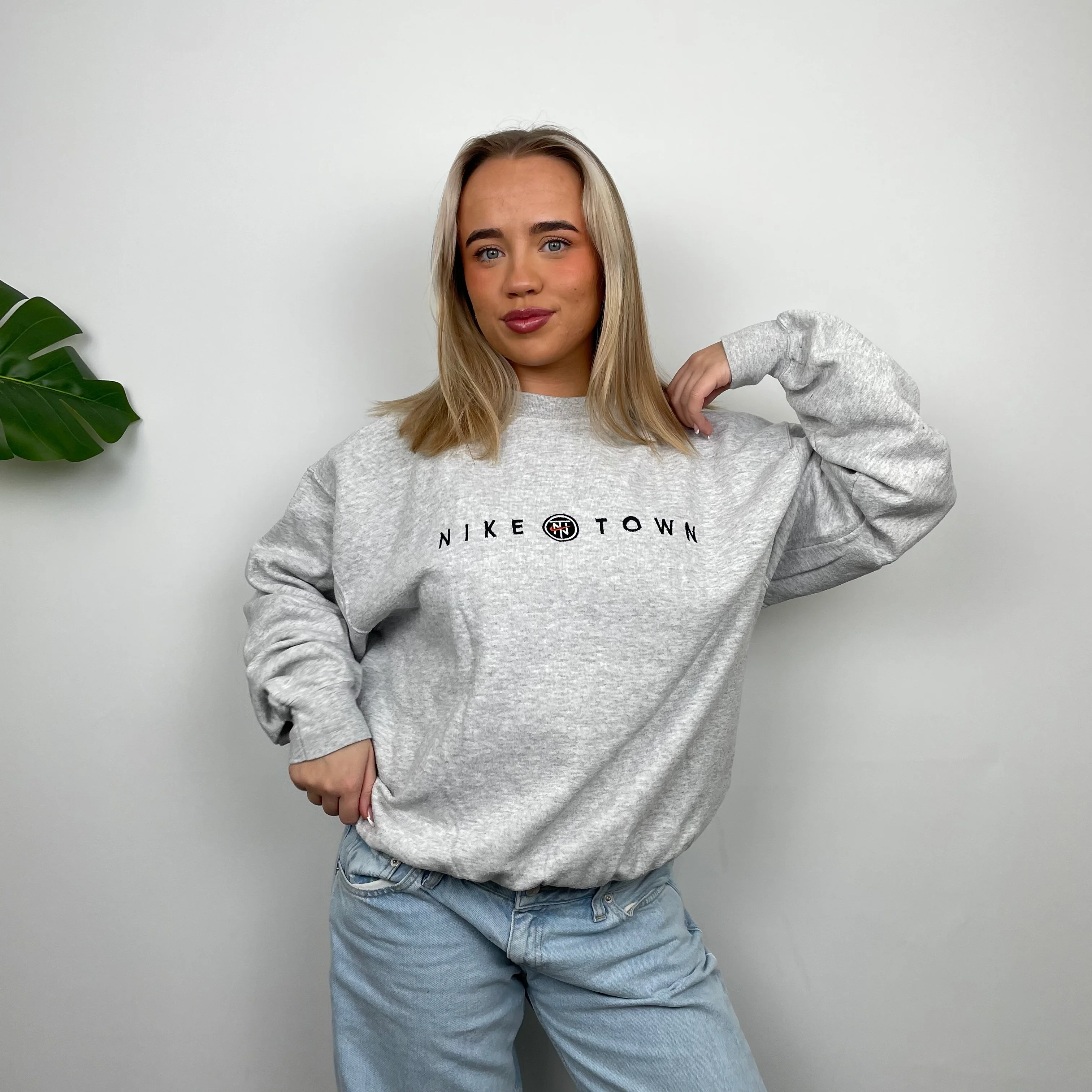 Nike Town Grey Embroidered Spell Out Sweatshirt (L) - Image 5