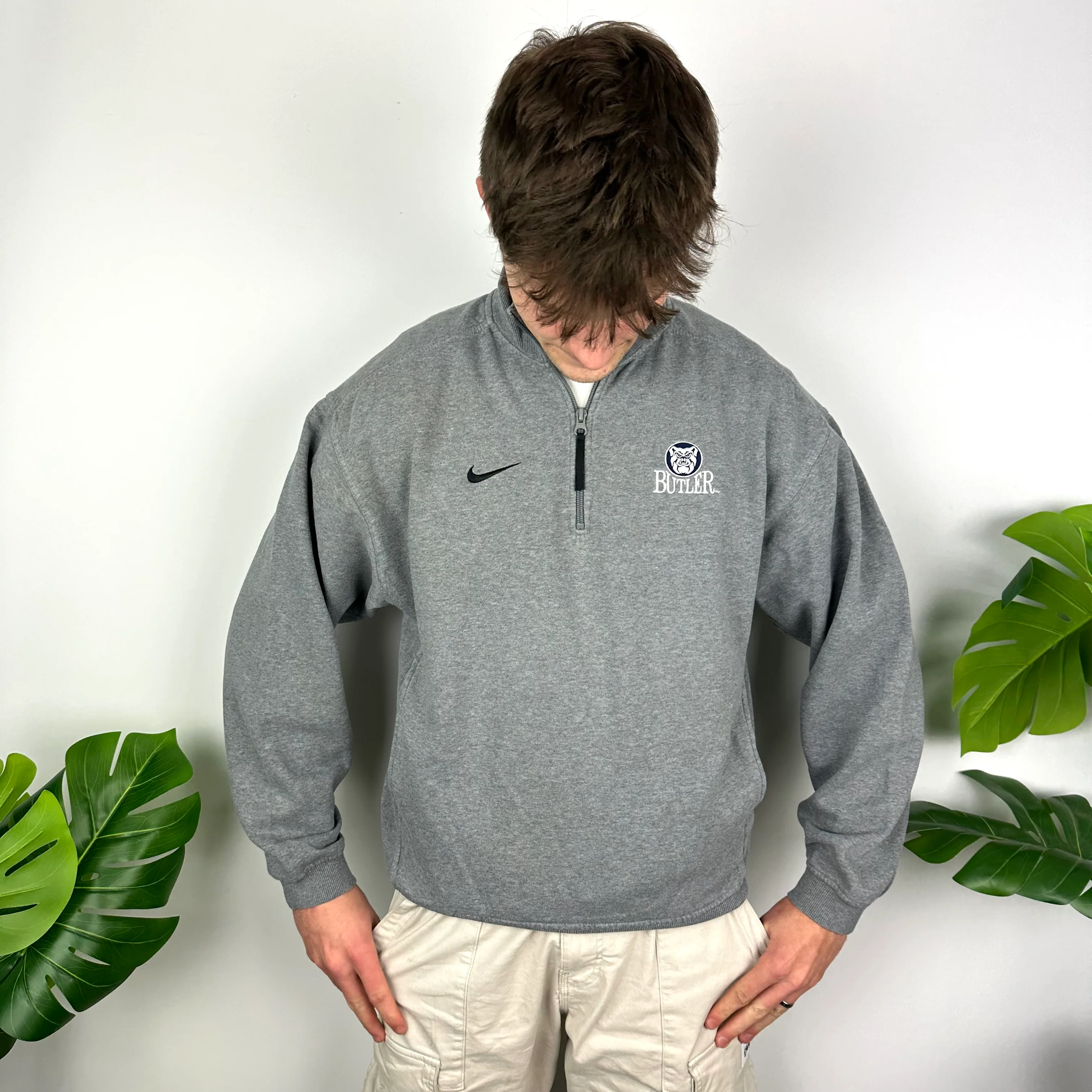 Nike X Butler University Bulldogs Grey Embroidered Spell Out Quarter Zip Sweatshirt (M) - Image 6