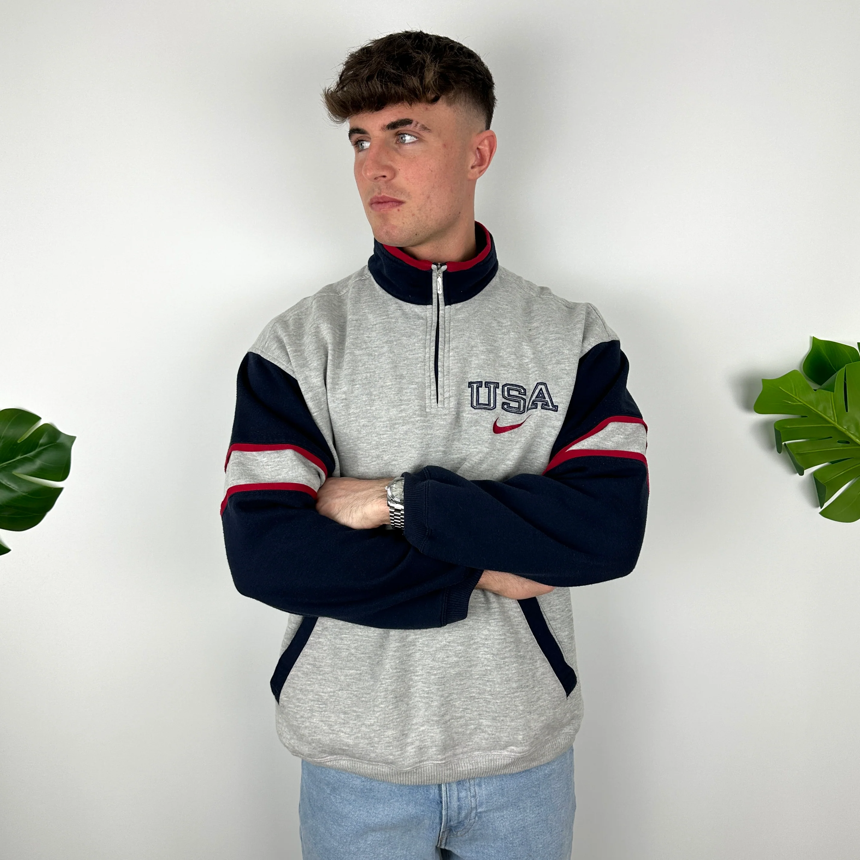 Nike x USA Grey Embroidered Spell Out Quarter Zip Sweatshirt (L) - Image 5