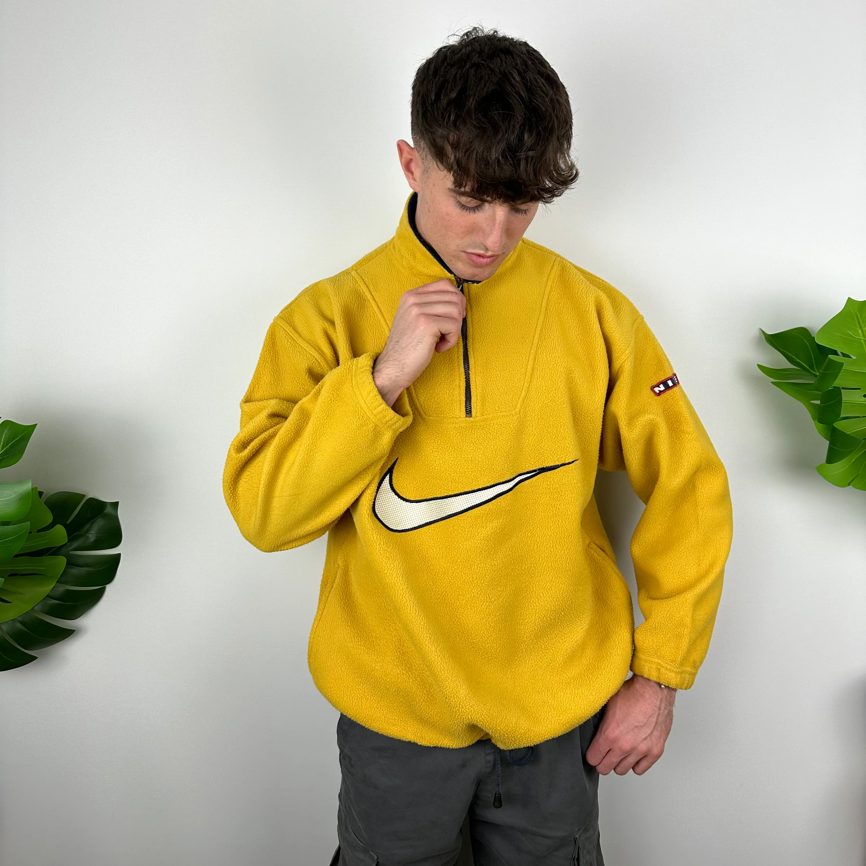 Nike Yellow Embroidered Spell Out Teddy Bear Fleece Quarter Zip Sweatshirt (L) - Image 2