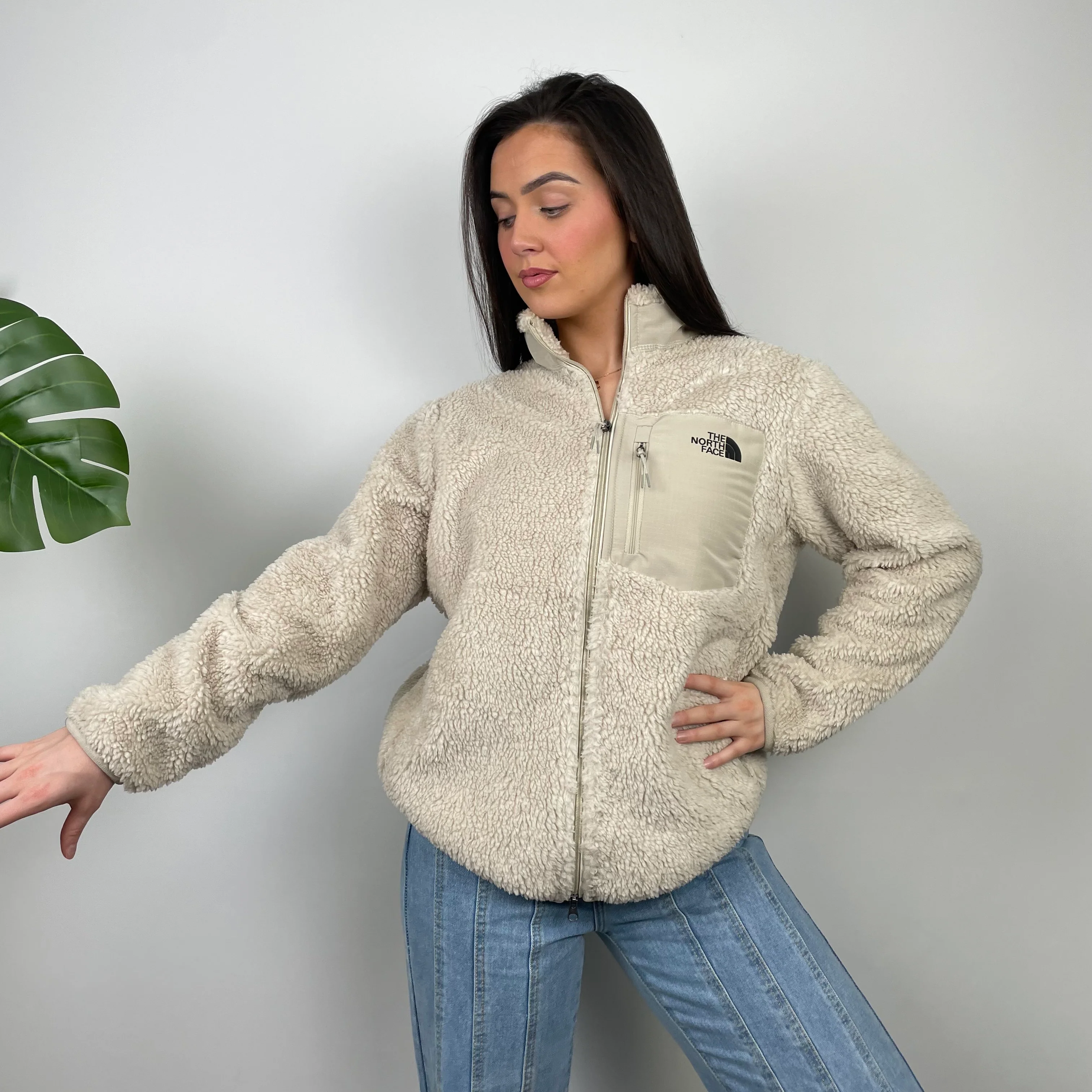 North Face Cream Teddy Bear Fleece Zip Up Jacket (M) - Image 4