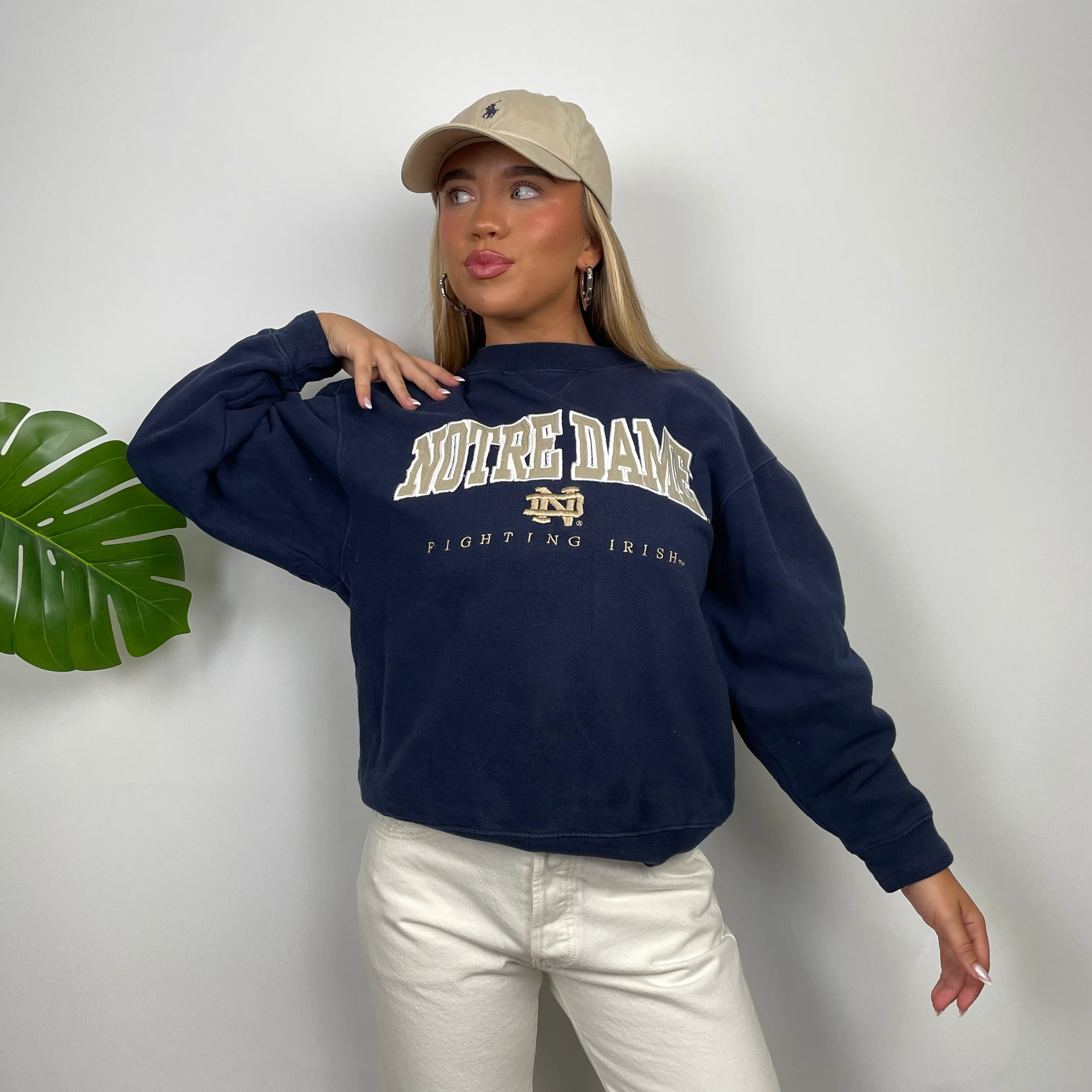 Notre Dame USA College Navy Embroidered Spell Out Sweatshirt (S) - Image 2