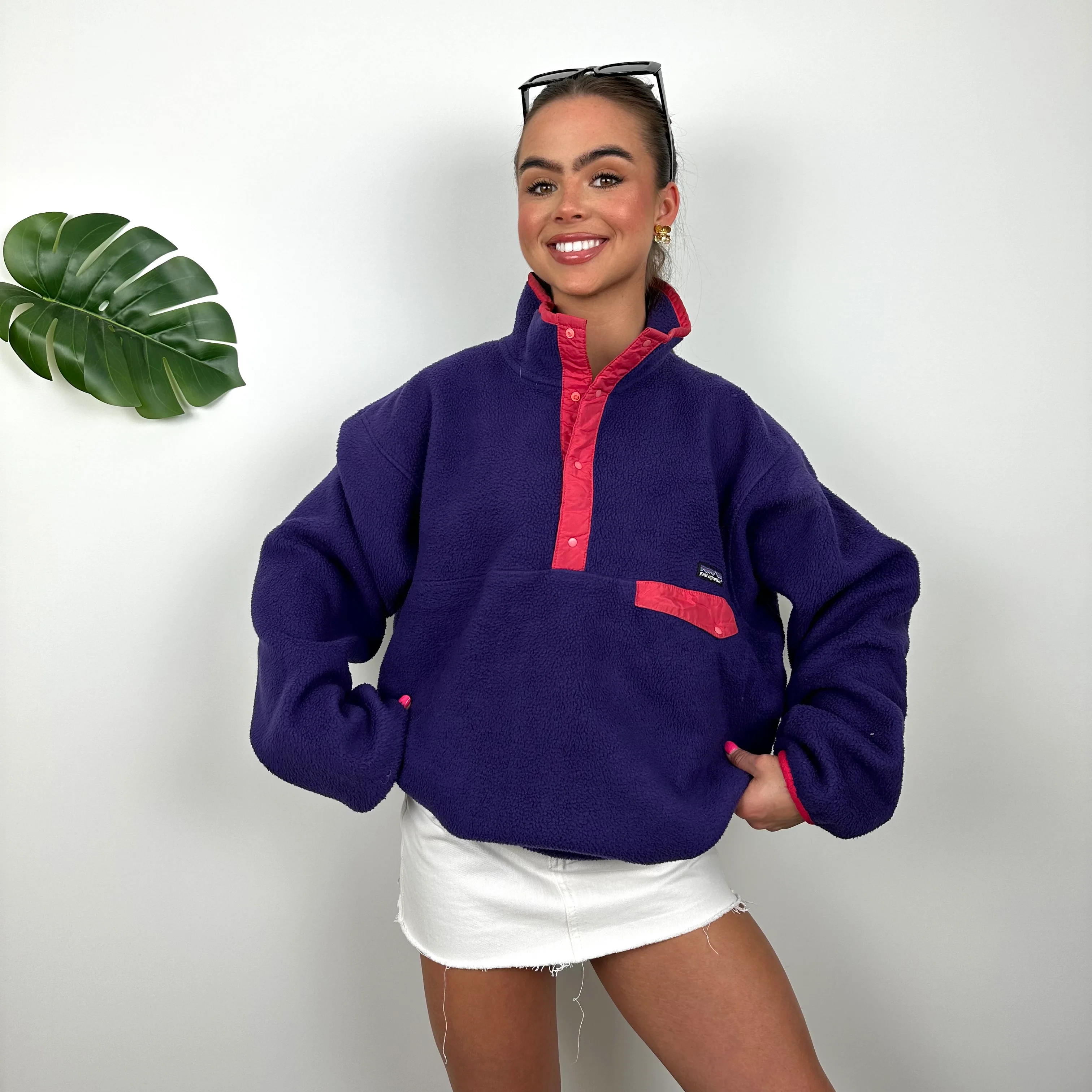 Patagonia Purple Embroidered Spell Out Teddy Bear Fleece Sweatshirt (L) - Image 2