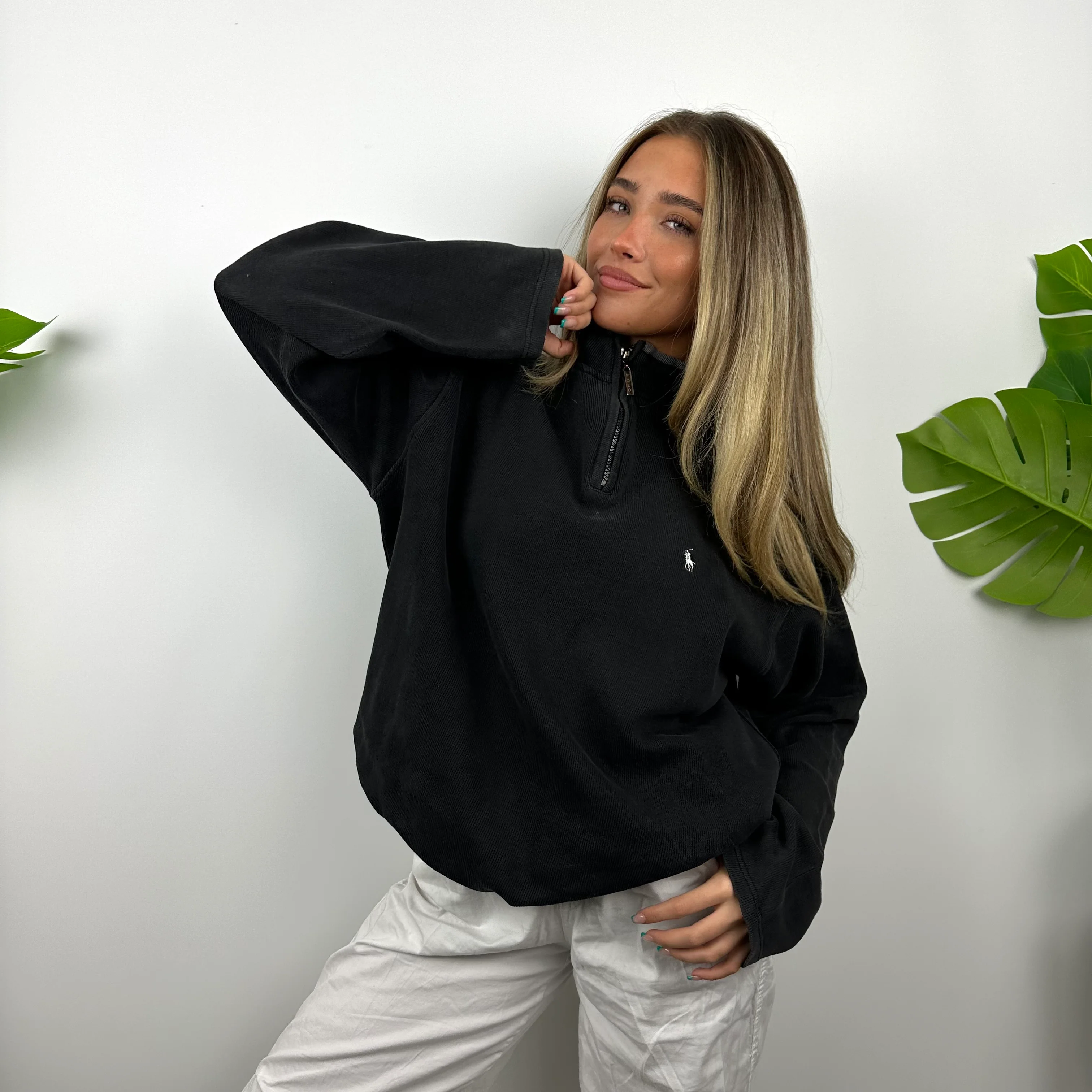 Polo Ralph Lauren Black Embroidered Logo Quarter Zip Sweatshirt (L) - Image 2