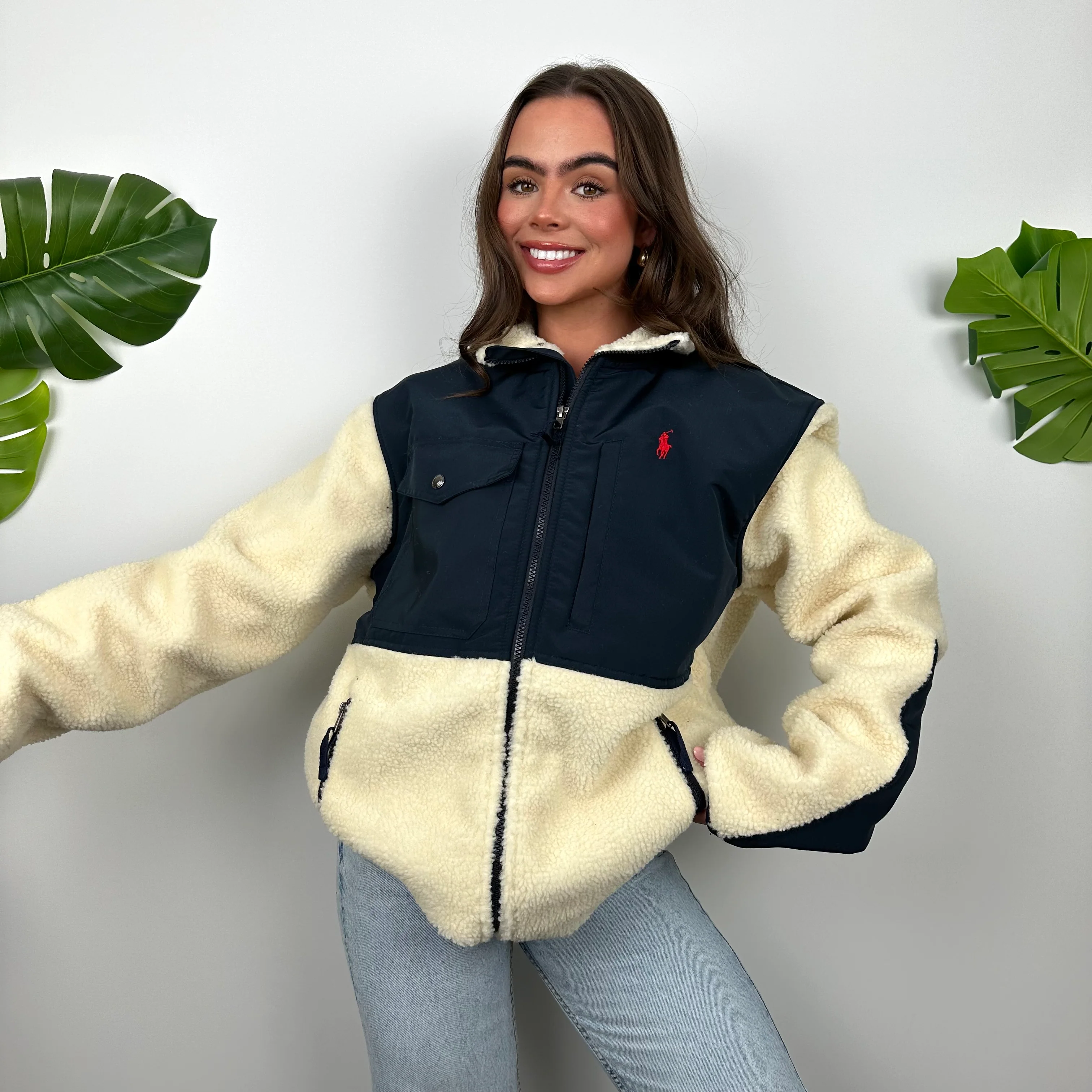 Polo Ralph Lauren Cream Embroidered Logo Teddy Bear Fleece Jacket (L) - Image 5