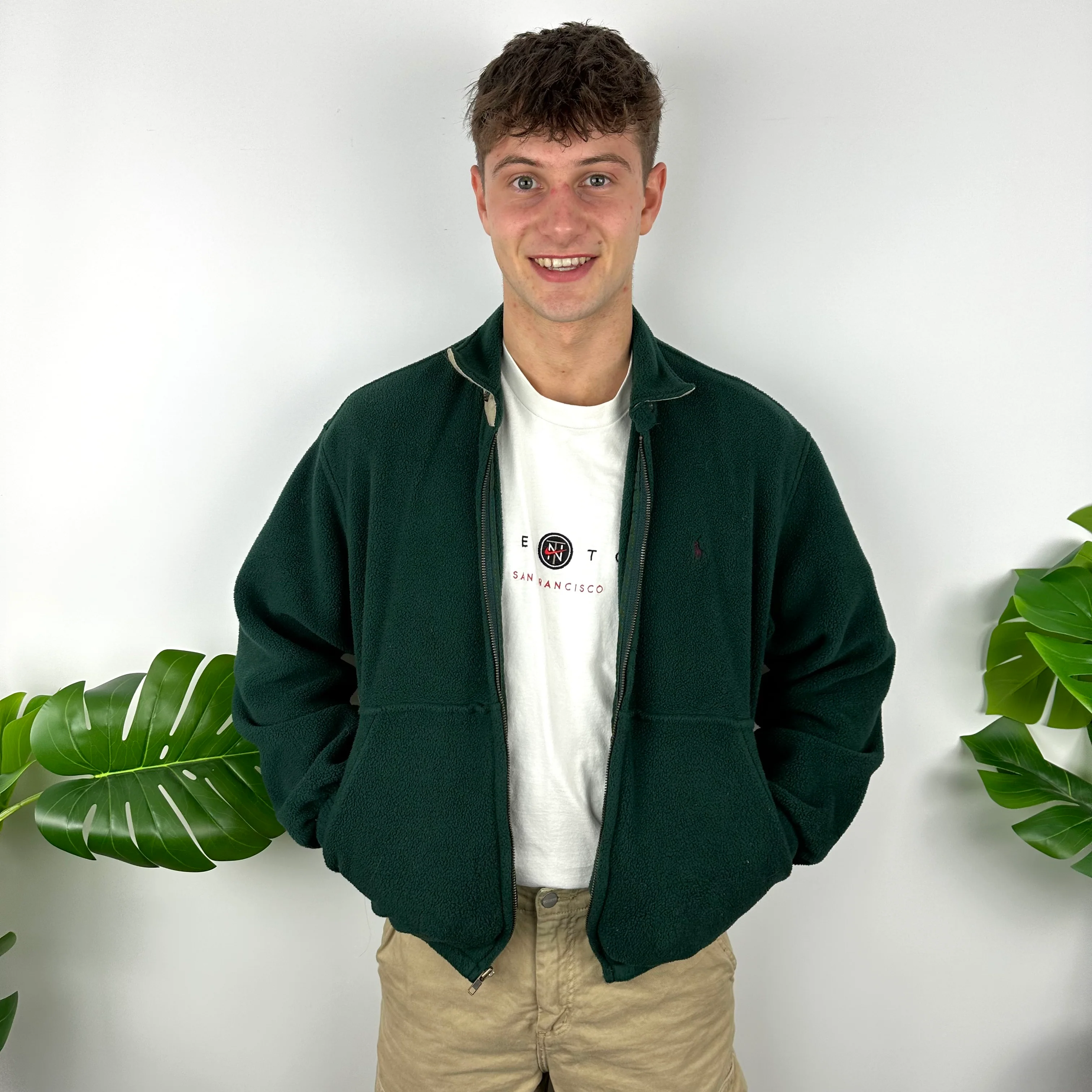Polo Ralph Lauren Green Embroidered Logo Teddy Bear Fleece Zip Up Jacket (M)
