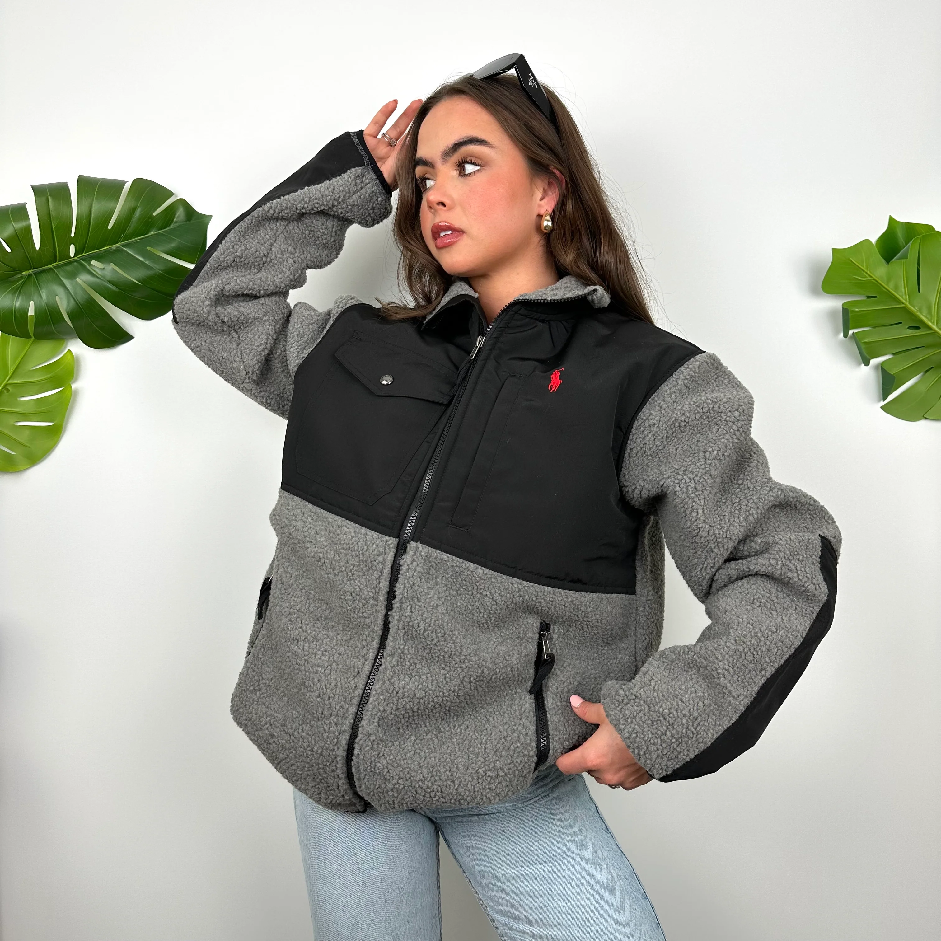 Polo Ralph Lauren Grey Embroidered Logo Teddy Bear Fleece Jacket (L) - Image 3