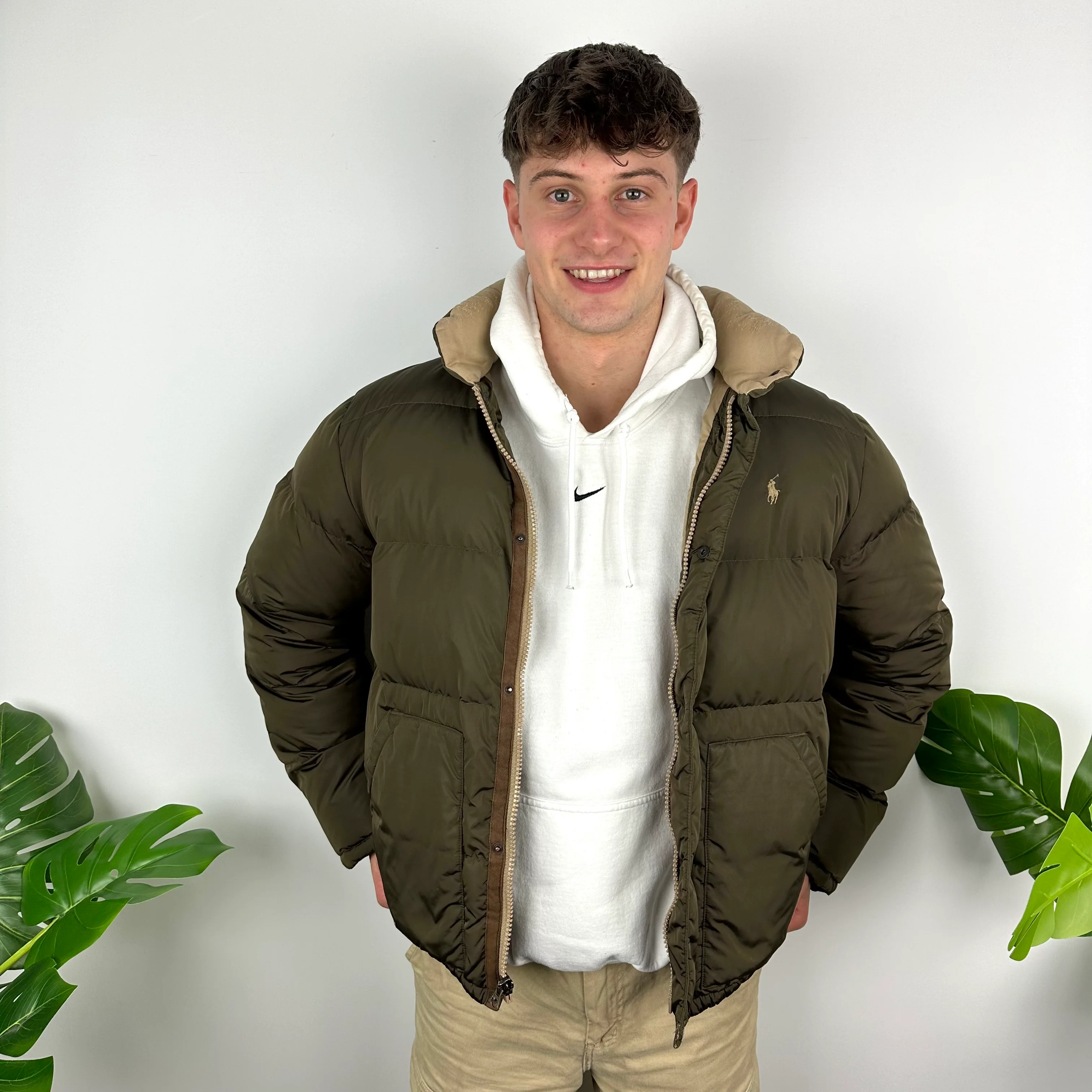 Polo Ralph Lauren Khaki Green Embroidered Logo Puffer Jacket (L)