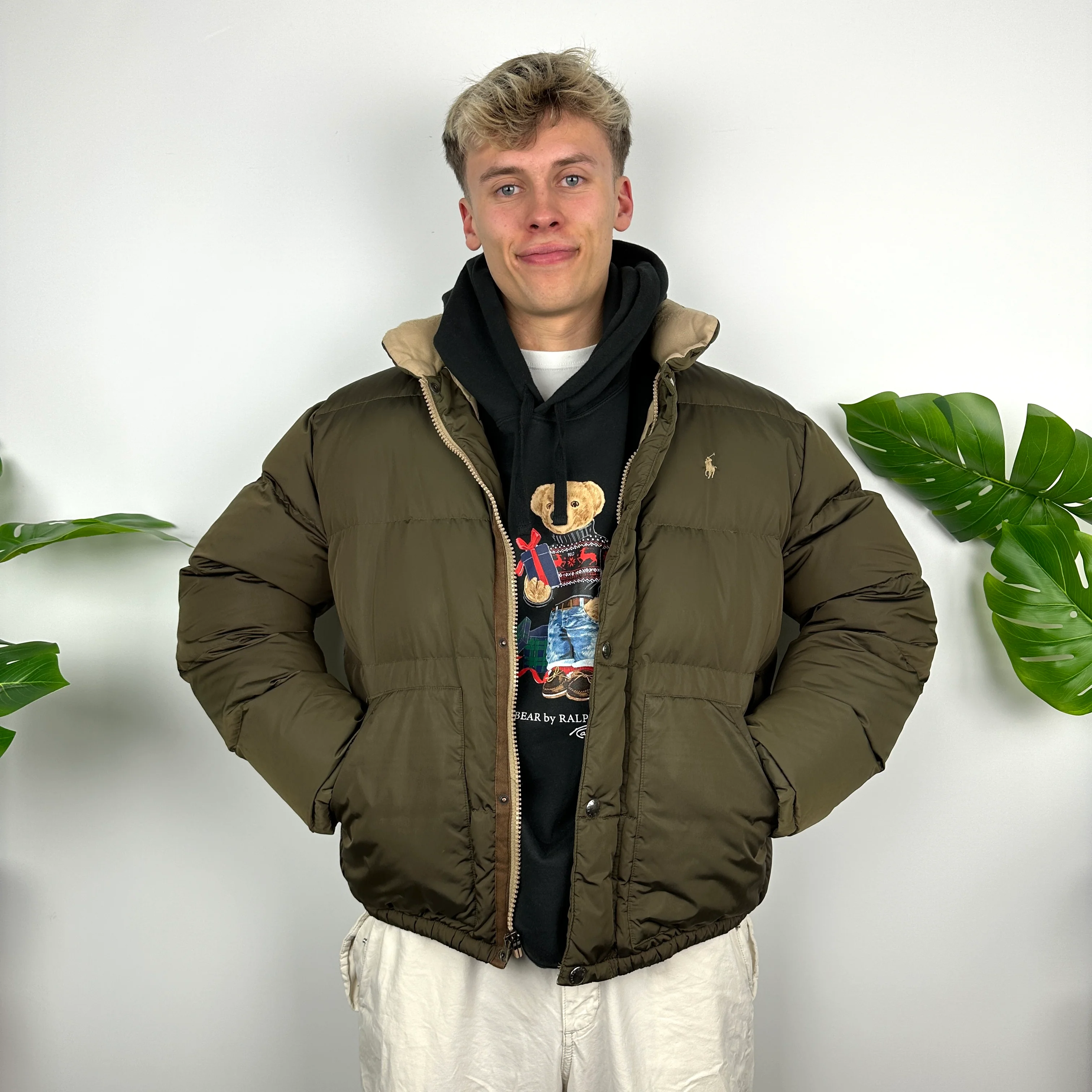 Polo Ralph Lauren Khaki Green Embroidered Logo Puffer Jacket (L)