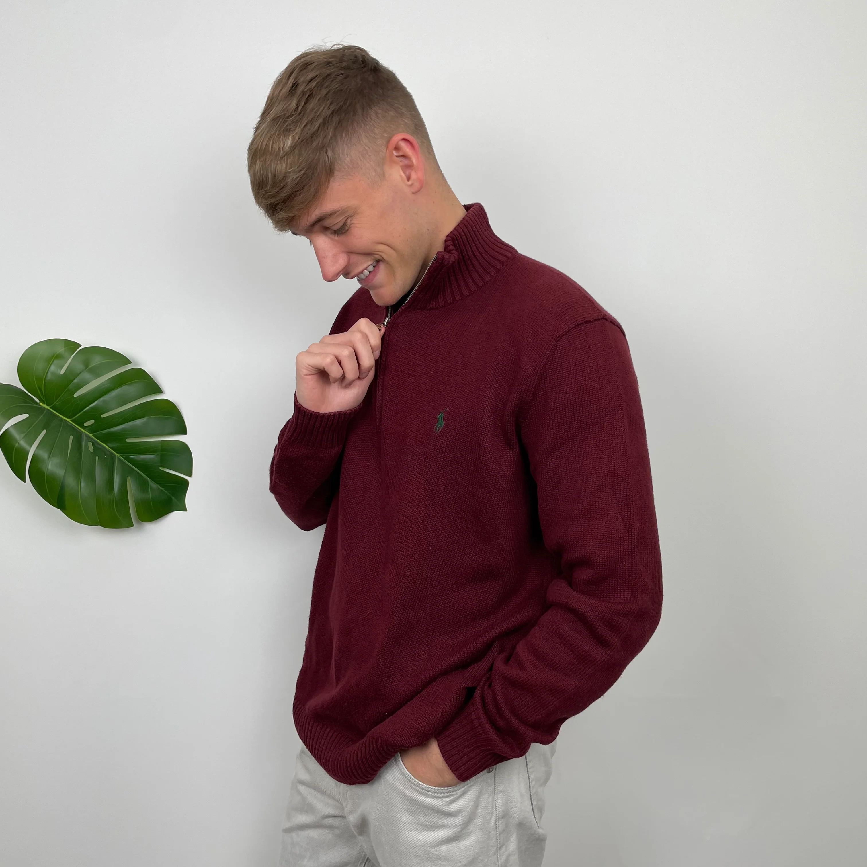 Polo Ralph Lauren Maroon Embroidered Logo Quarter Zip Knitted Sweater (L) - Image 6