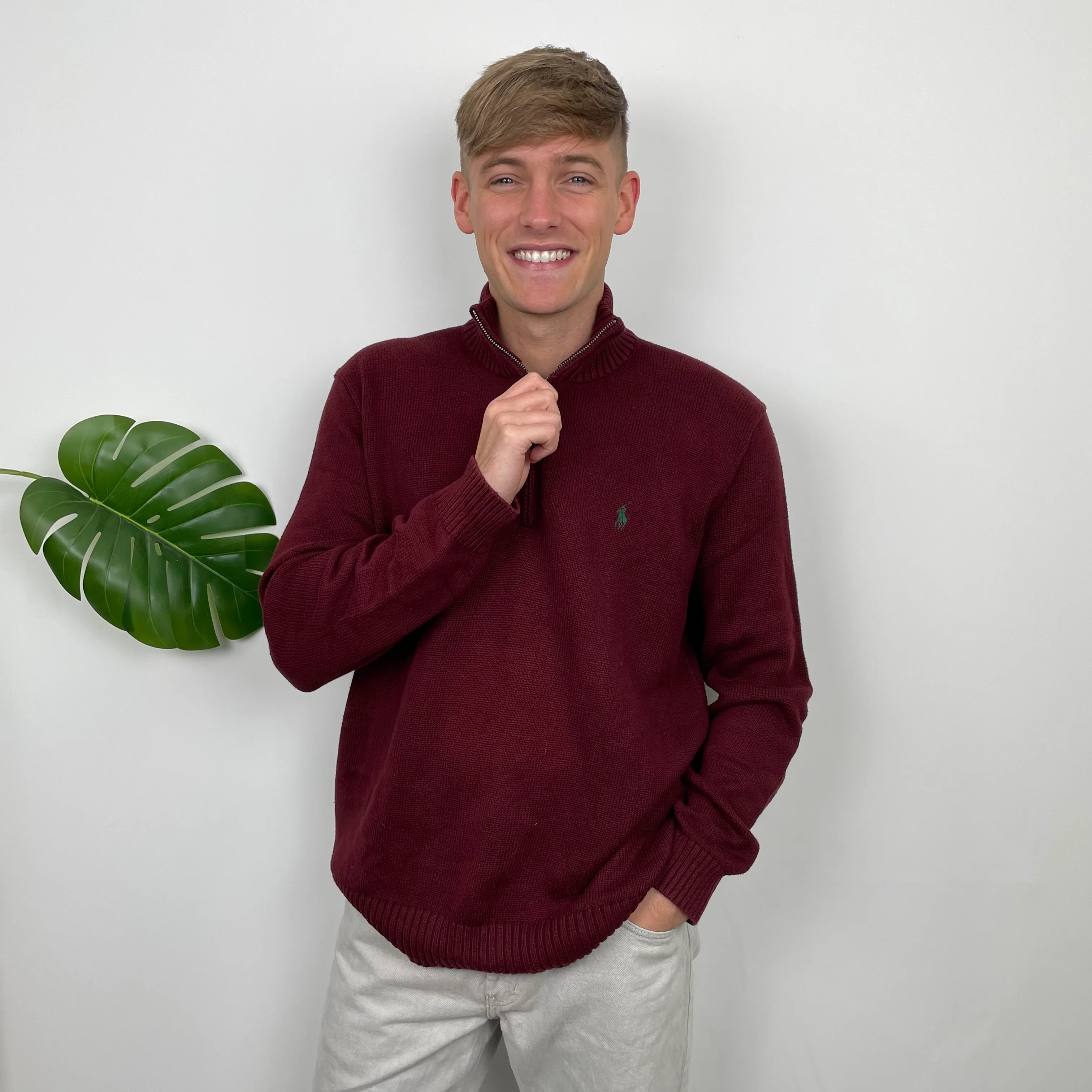 Polo Ralph Lauren Maroon Embroidered Logo Quarter Zip Knitted Sweater (L) - Image 7