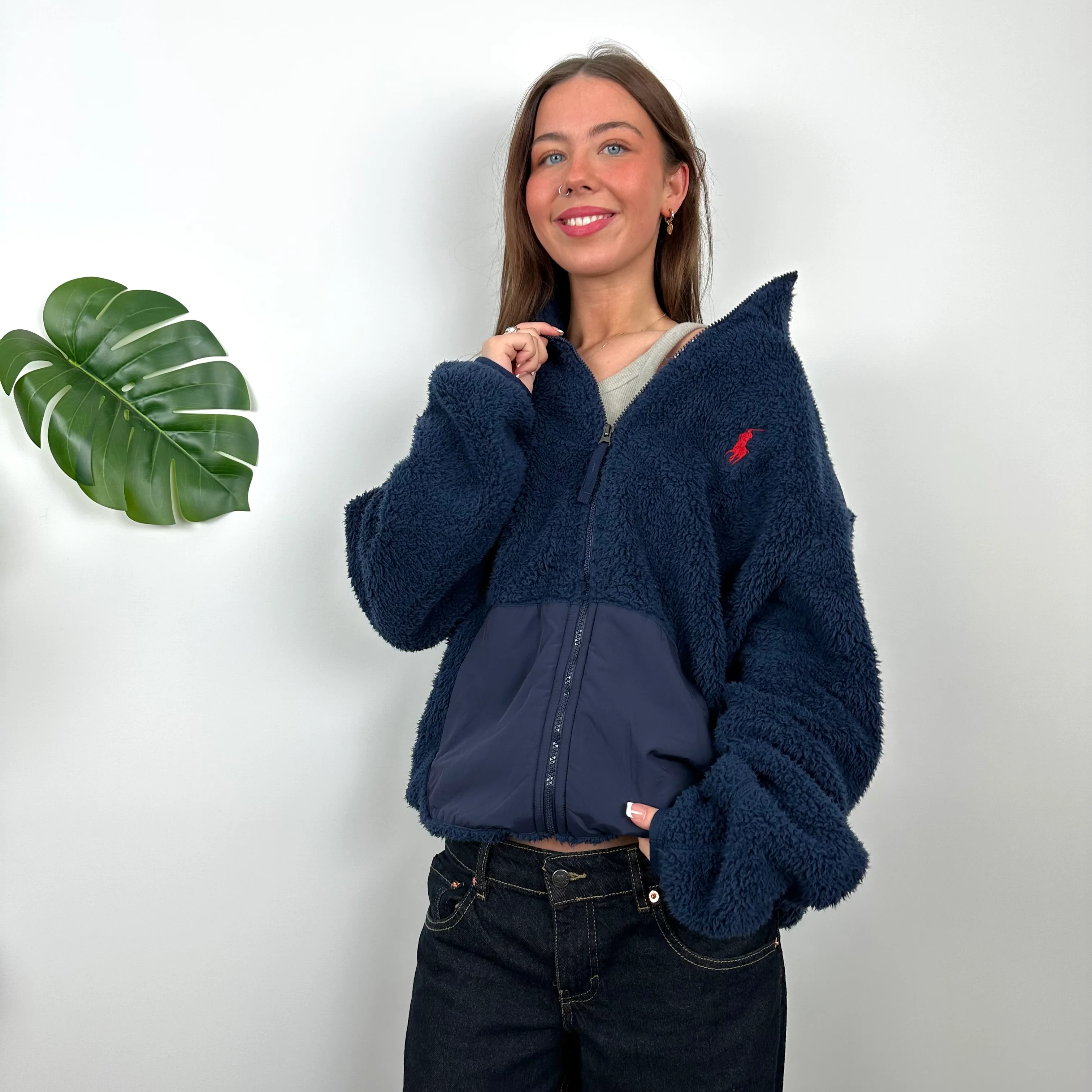 Polo Ralph Lauren Navy Embroidered Logo Teddy Bear Fleece Zip Up Jacket (L) - Image 5