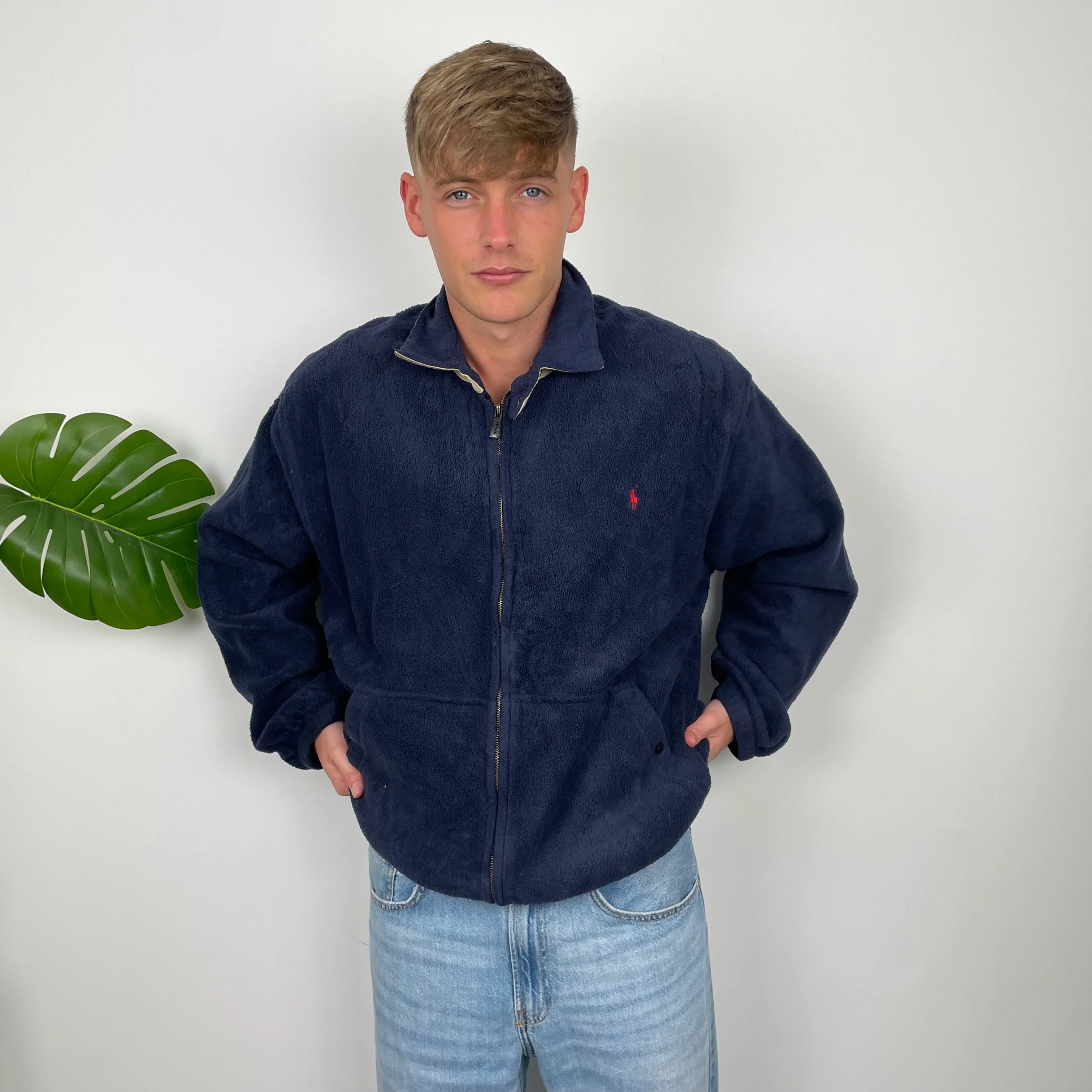 Polo Ralph Lauren Navy Embroidered Logo Teddy Bear Fleece Zip Up Jacket (XL) - Image 2