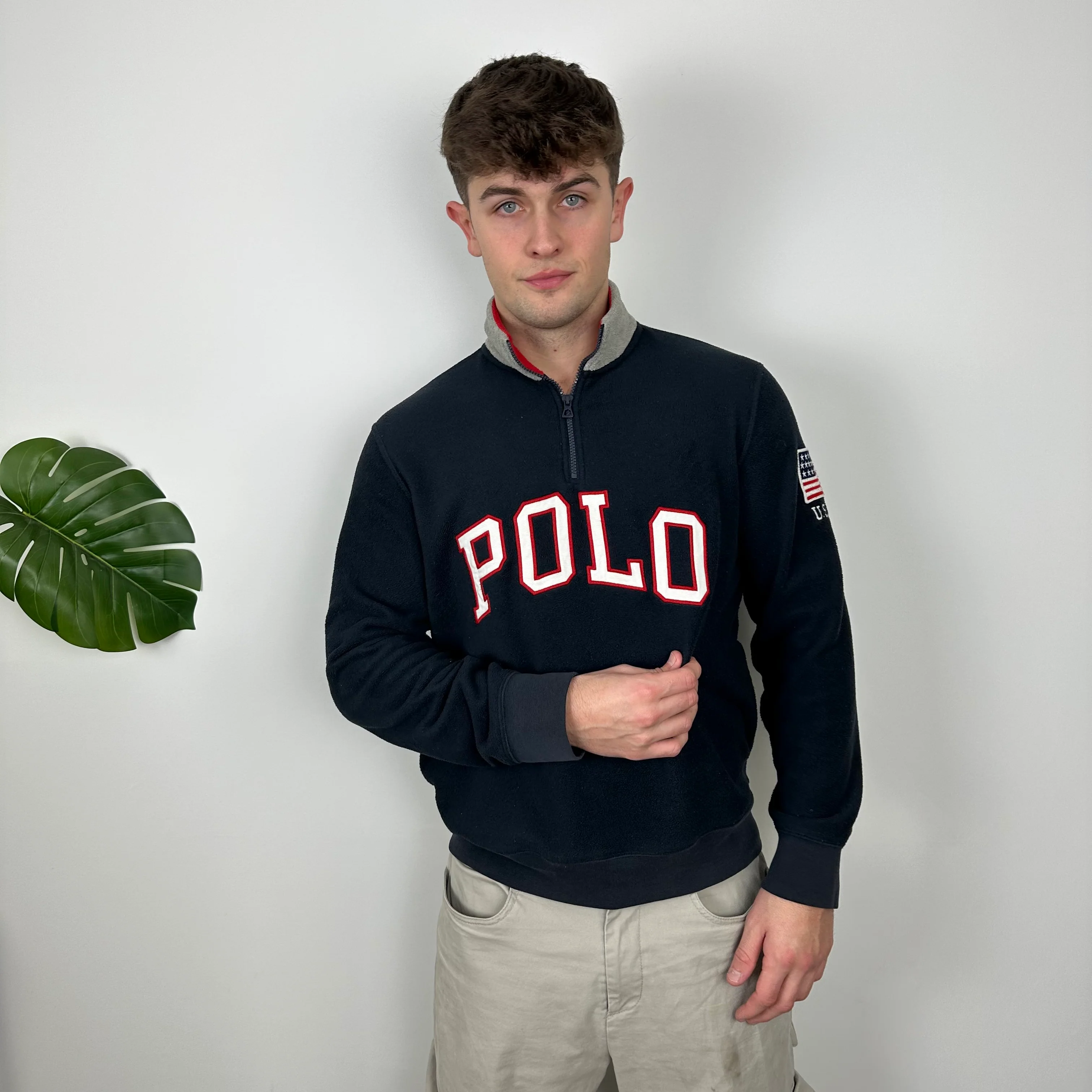 Polo Ralph Lauren Navy Embroidered Spell Out Fleece Quarter Zip (M) - Image 2