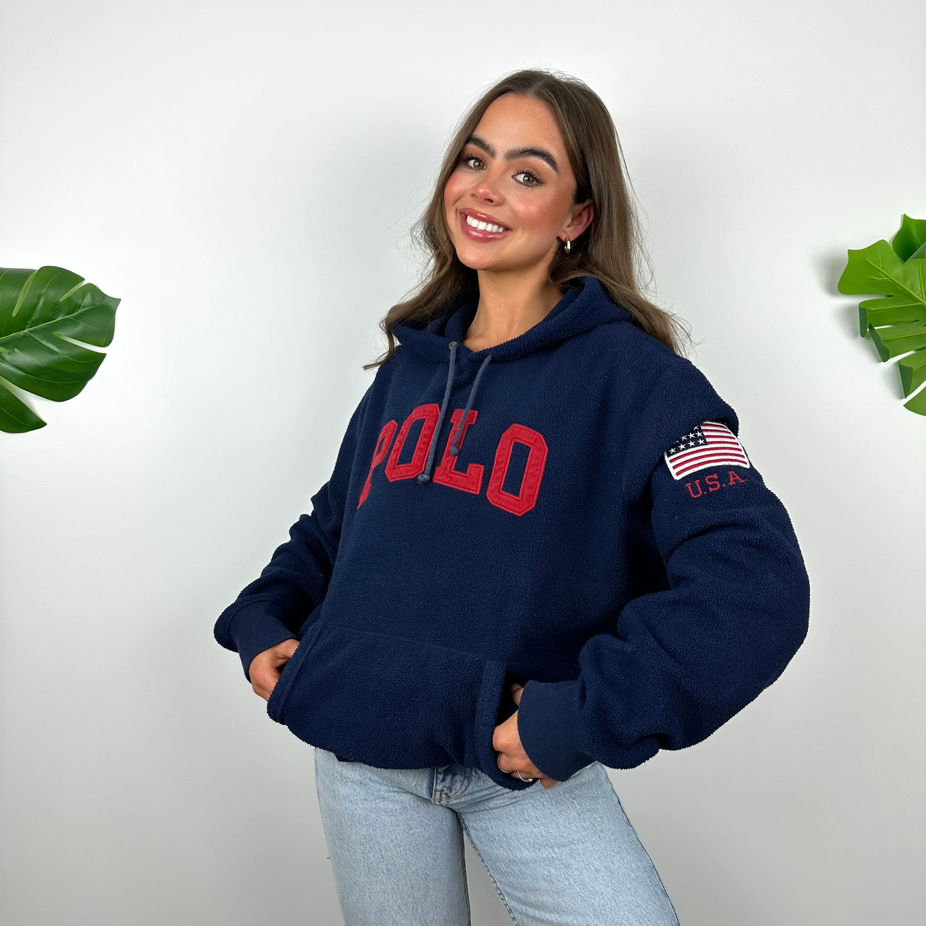Polo Ralph Lauren Navy Embroidered Spell Out Teddy Bear Fleece Hoodie (L) - Image 4