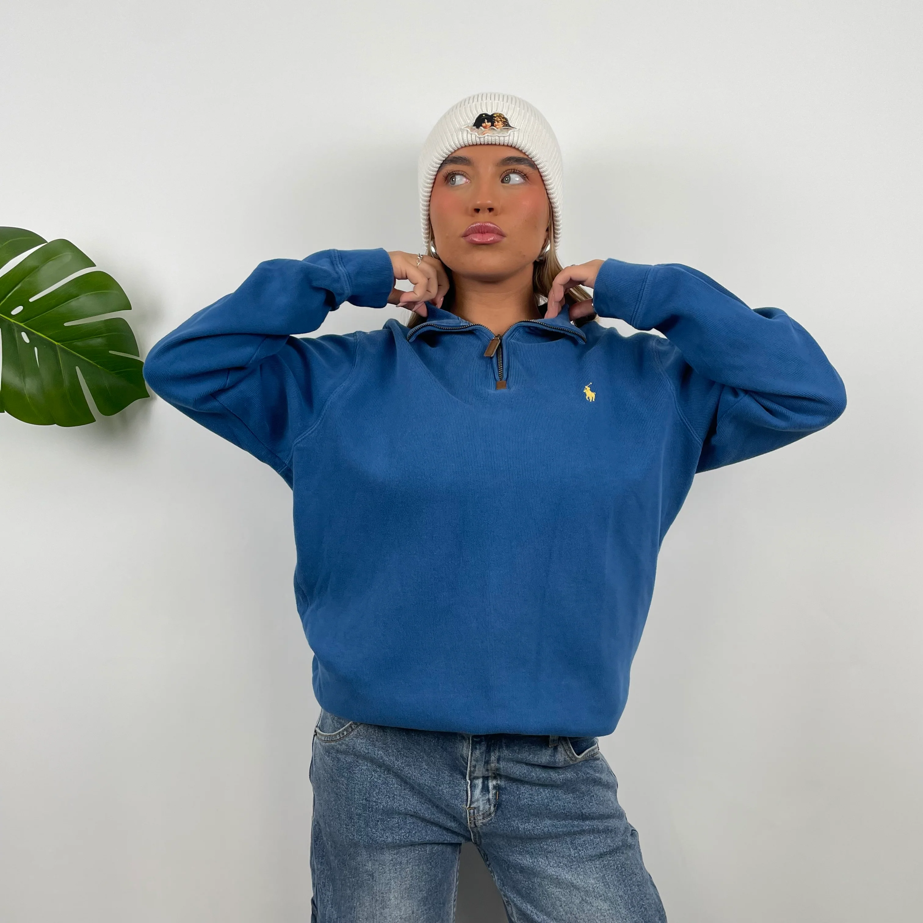 Polo Ralph Lauren RARE Blue Embroidered Logo Quarter Zip Sweatshirt (M) - Image 4