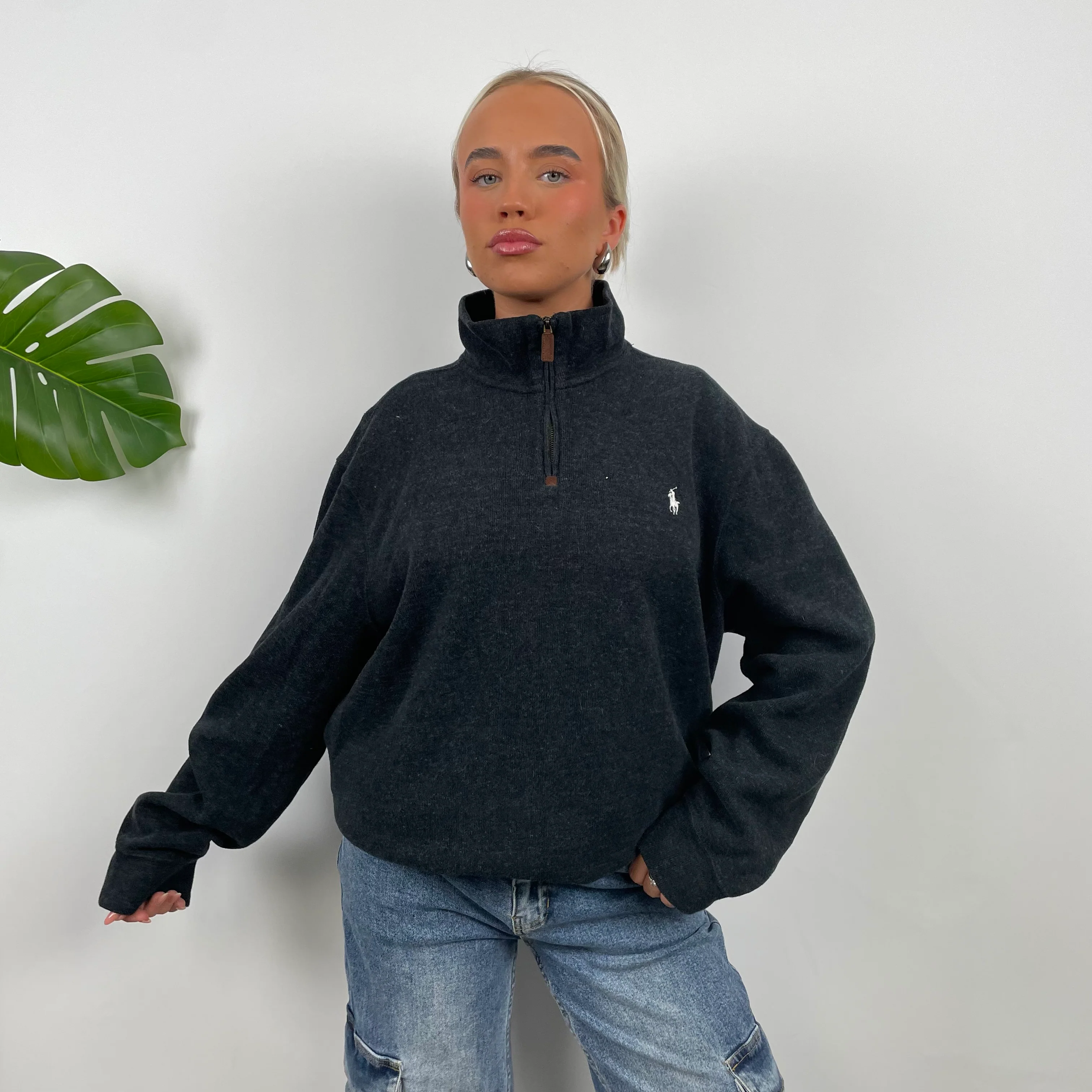 Polo Ralph Lauren RARE Grey Embroidered Logo Quarter Zip Sweatshirt (XL) - Image 3