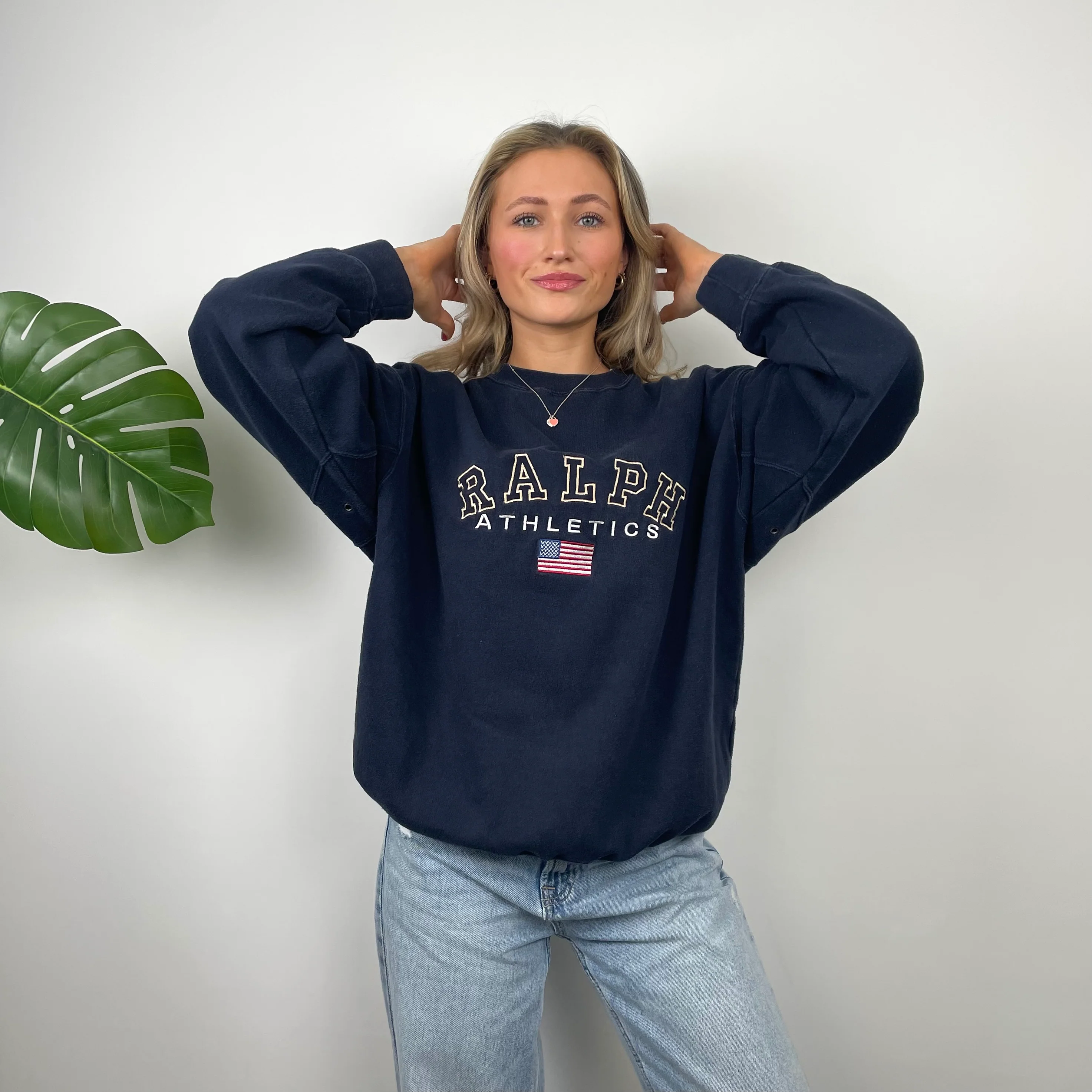 Polo Ralph Lauren RARE Navy Embroidered Spell Out Sweatshirt (M) - Image 2