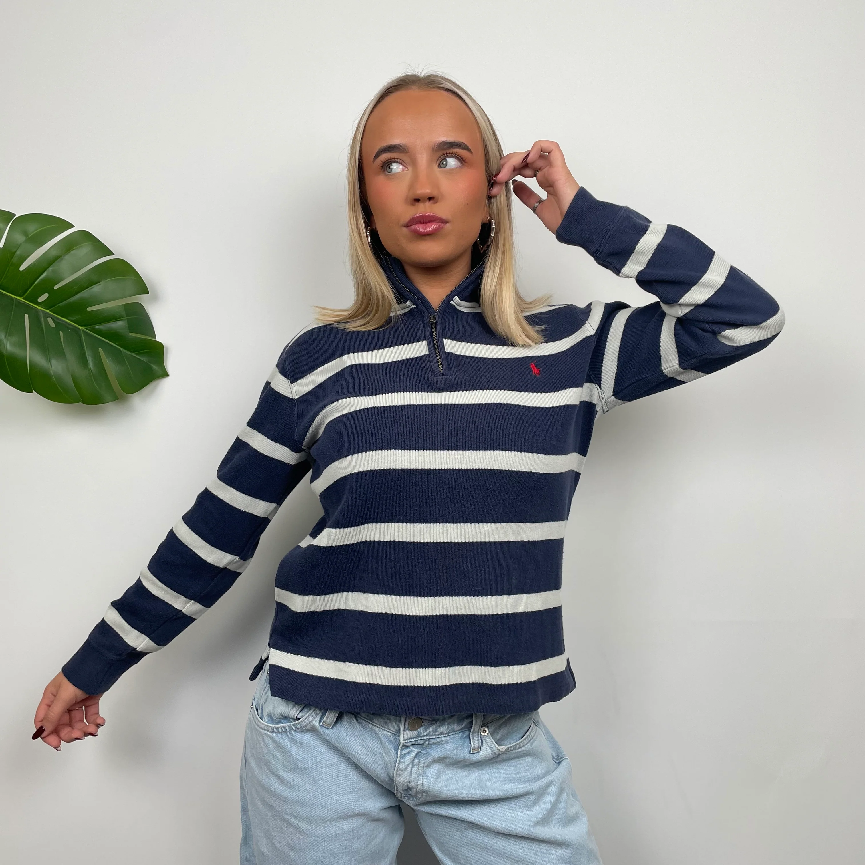 Polo Ralph Lauren RARE White & Navy Striped Embroidered Logo Quarter Zip Sweatshirt (S) - Image 3