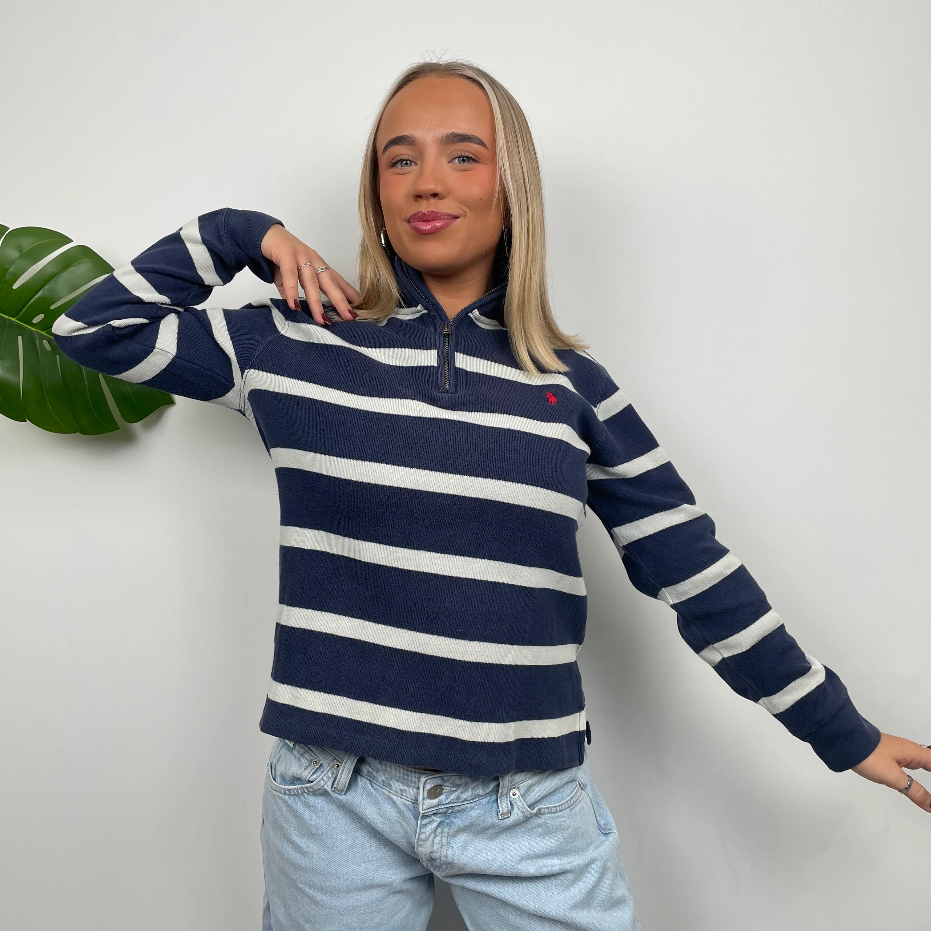 Polo Ralph Lauren RARE White & Navy Striped Embroidered Logo Quarter Zip Sweatshirt (S) - Image 4