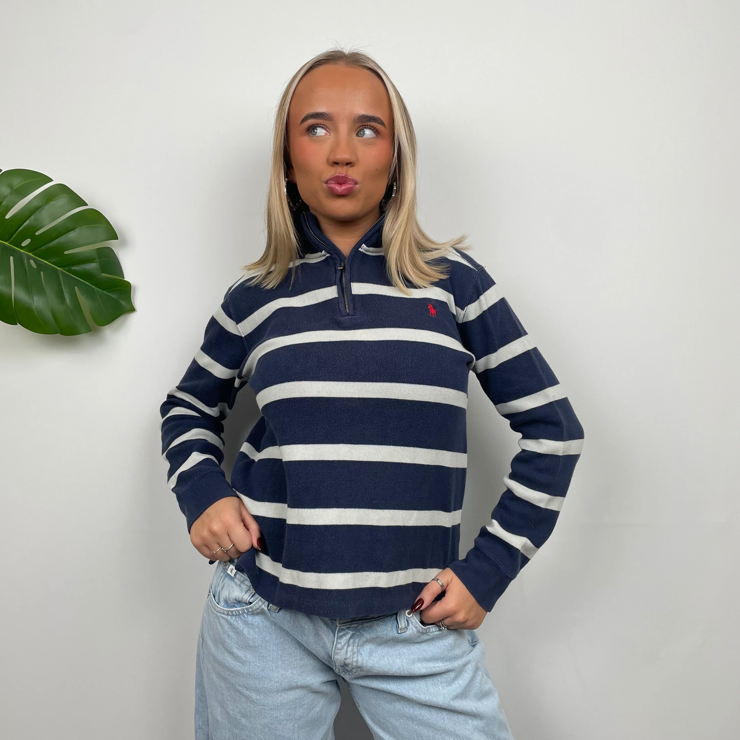 Polo Ralph Lauren RARE White & Navy Striped Embroidered Logo Quarter Zip Sweatshirt (S) - Image 5