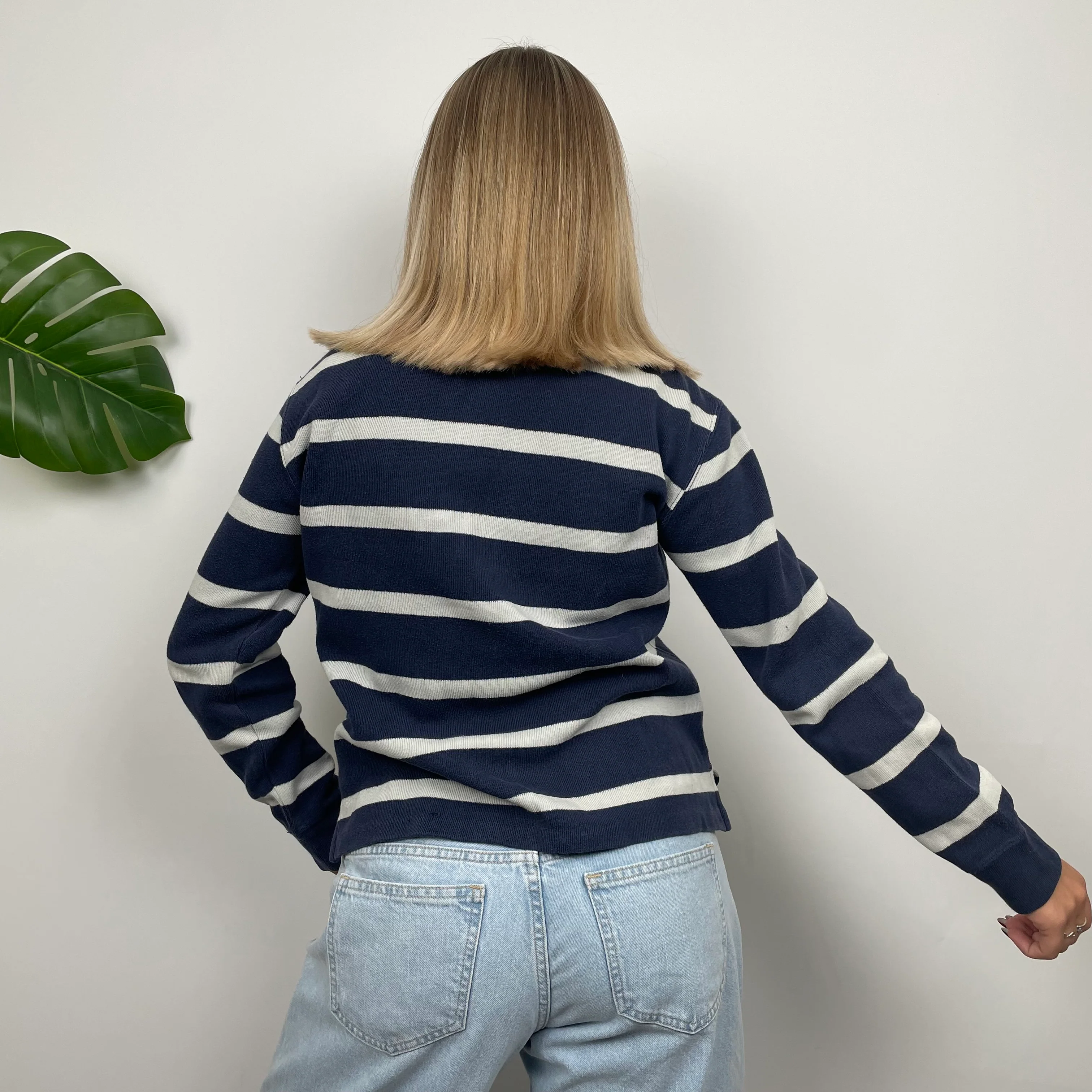 Polo Ralph Lauren RARE White & Navy Striped Embroidered Logo Quarter Zip Sweatshirt (S) - Image 6