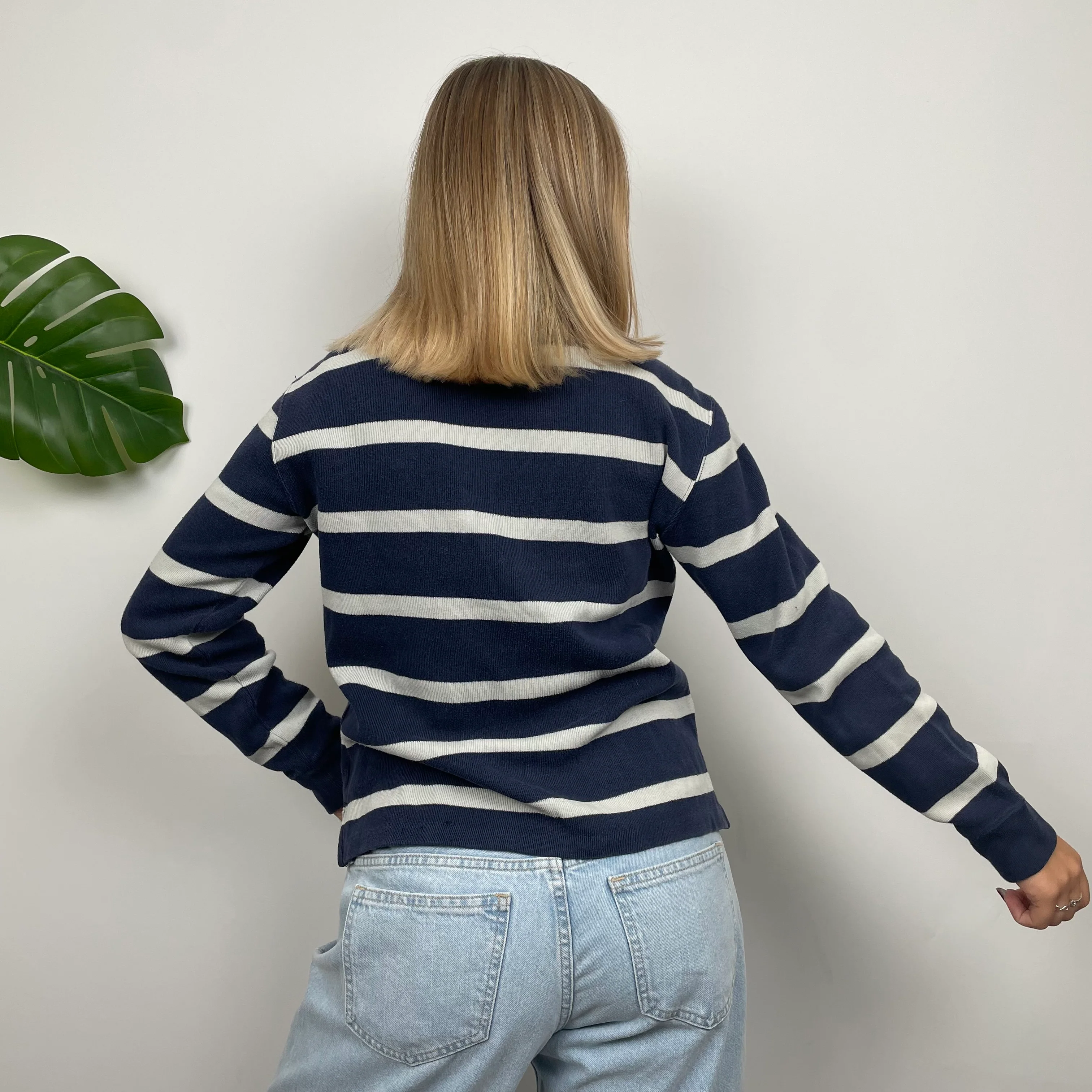Polo Ralph Lauren RARE White & Navy Striped Embroidered Logo Quarter Zip Sweatshirt (S) - Image 7