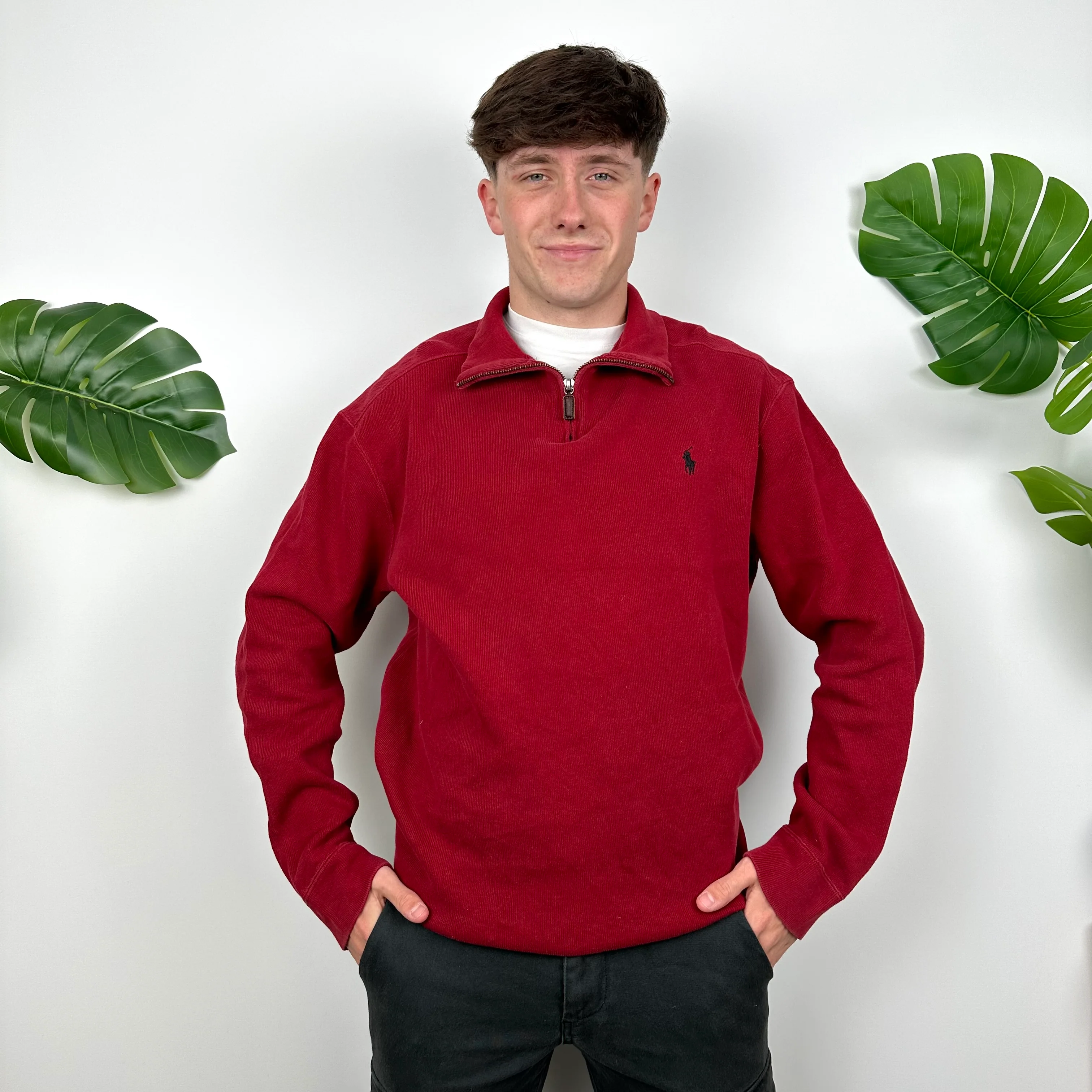Polo Ralph Lauren Red Embroidered Logo Quarter Zip Sweatshirt (L) - Image 3
