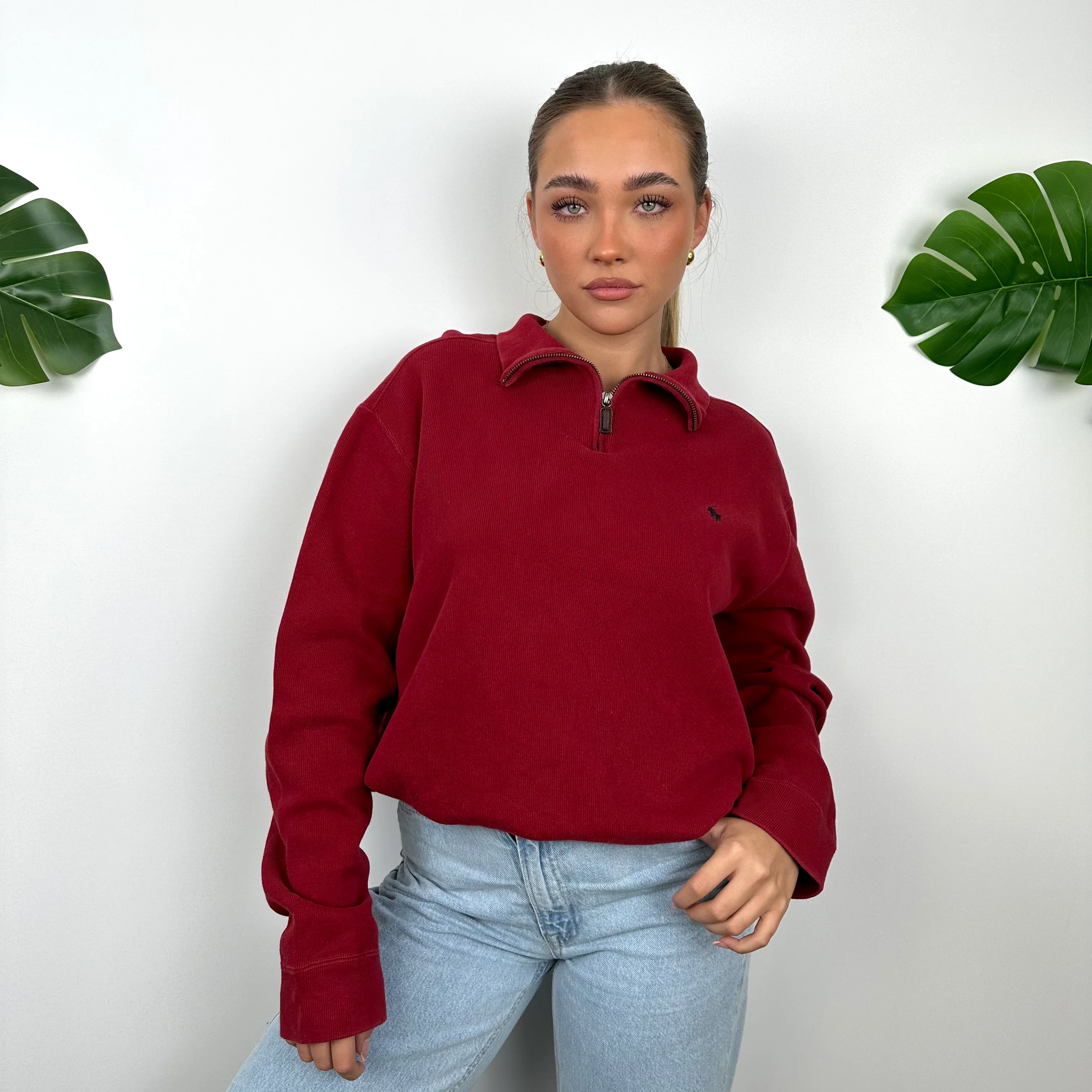 Polo Ralph Lauren Red Embroidered Logo Quarter Zip Sweatshirt (L) - Image 10
