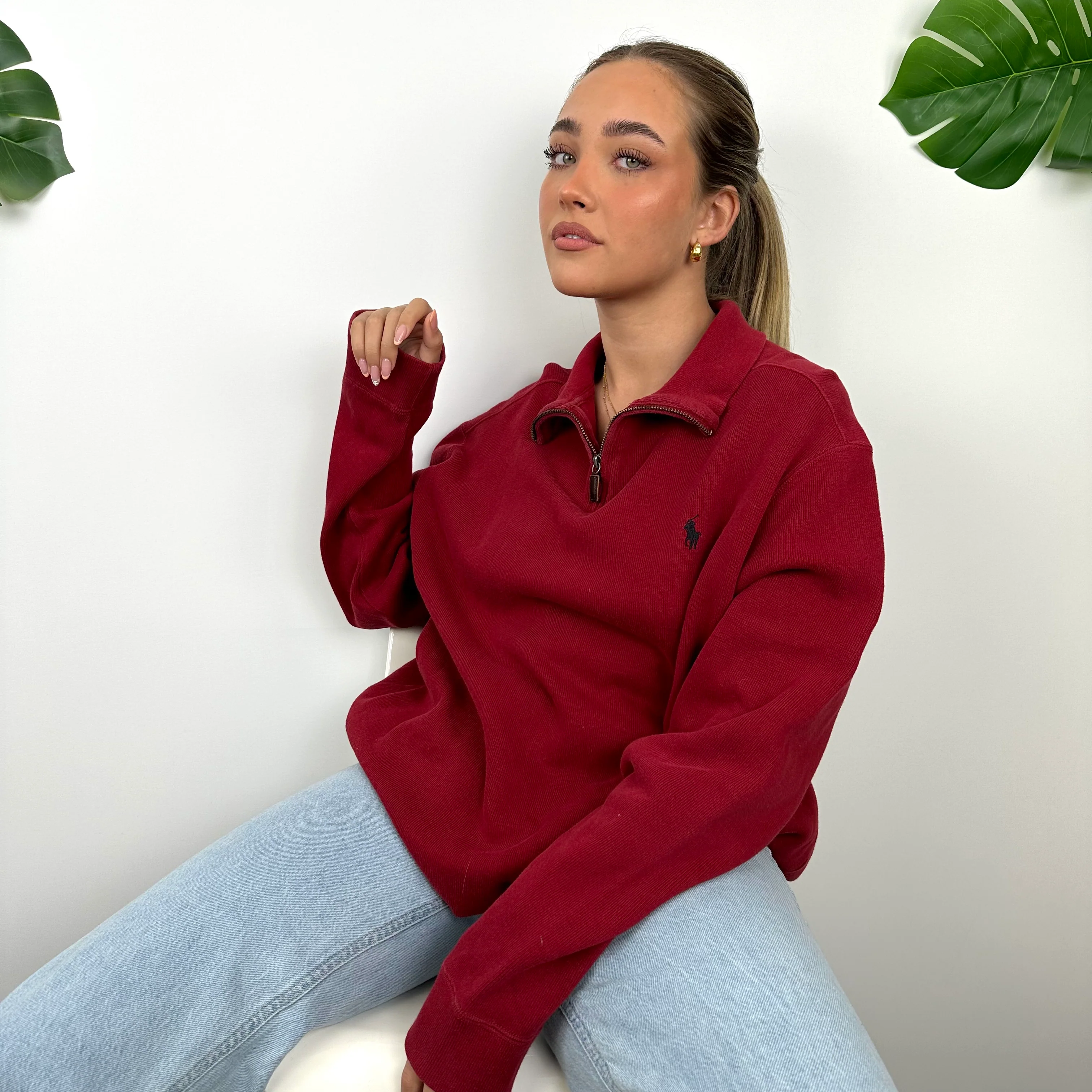 Polo Ralph Lauren Red Embroidered Logo Quarter Zip Sweatshirt (L) - Image 3