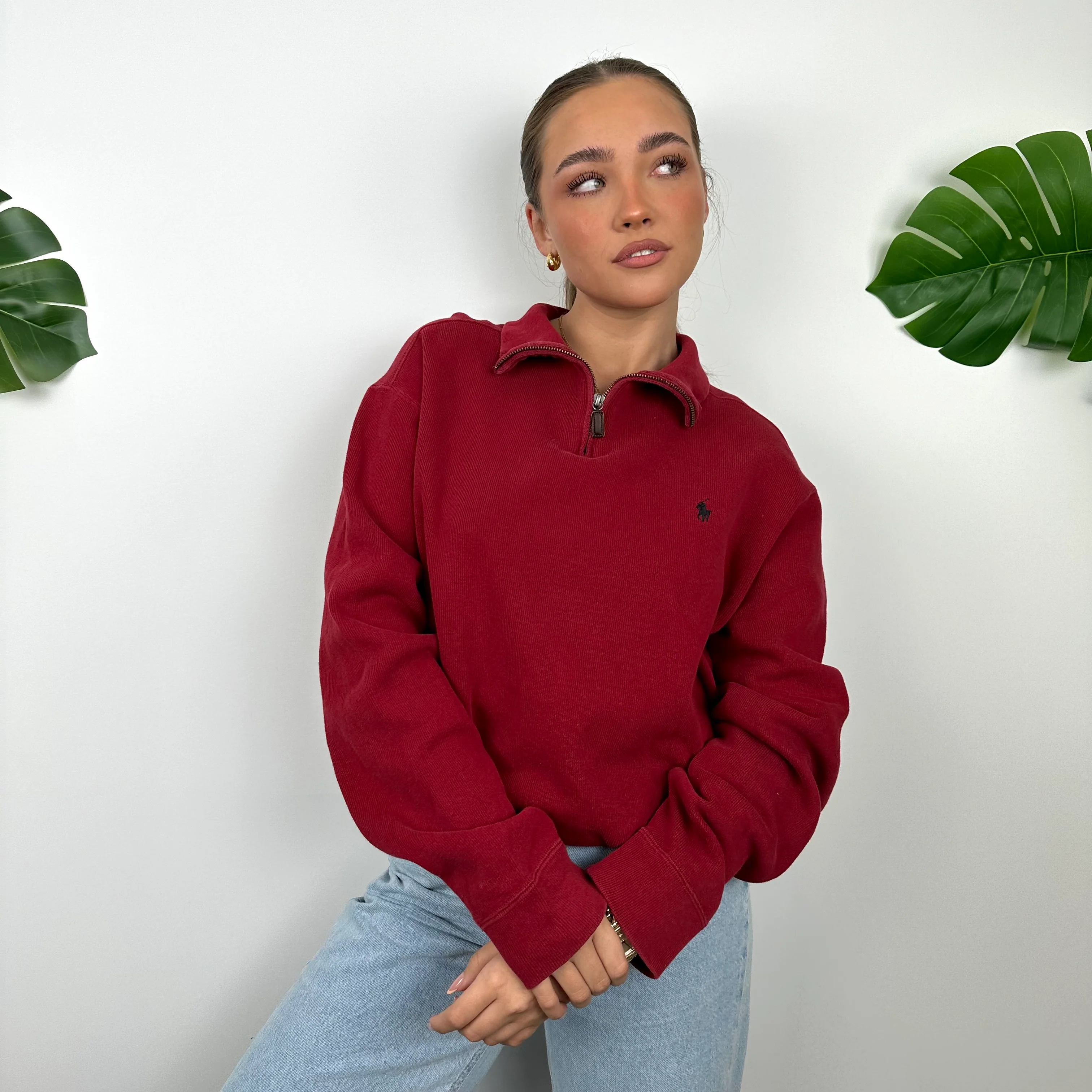 Polo Ralph Lauren Red Embroidered Logo Quarter Zip Sweatshirt (L) - Image 8