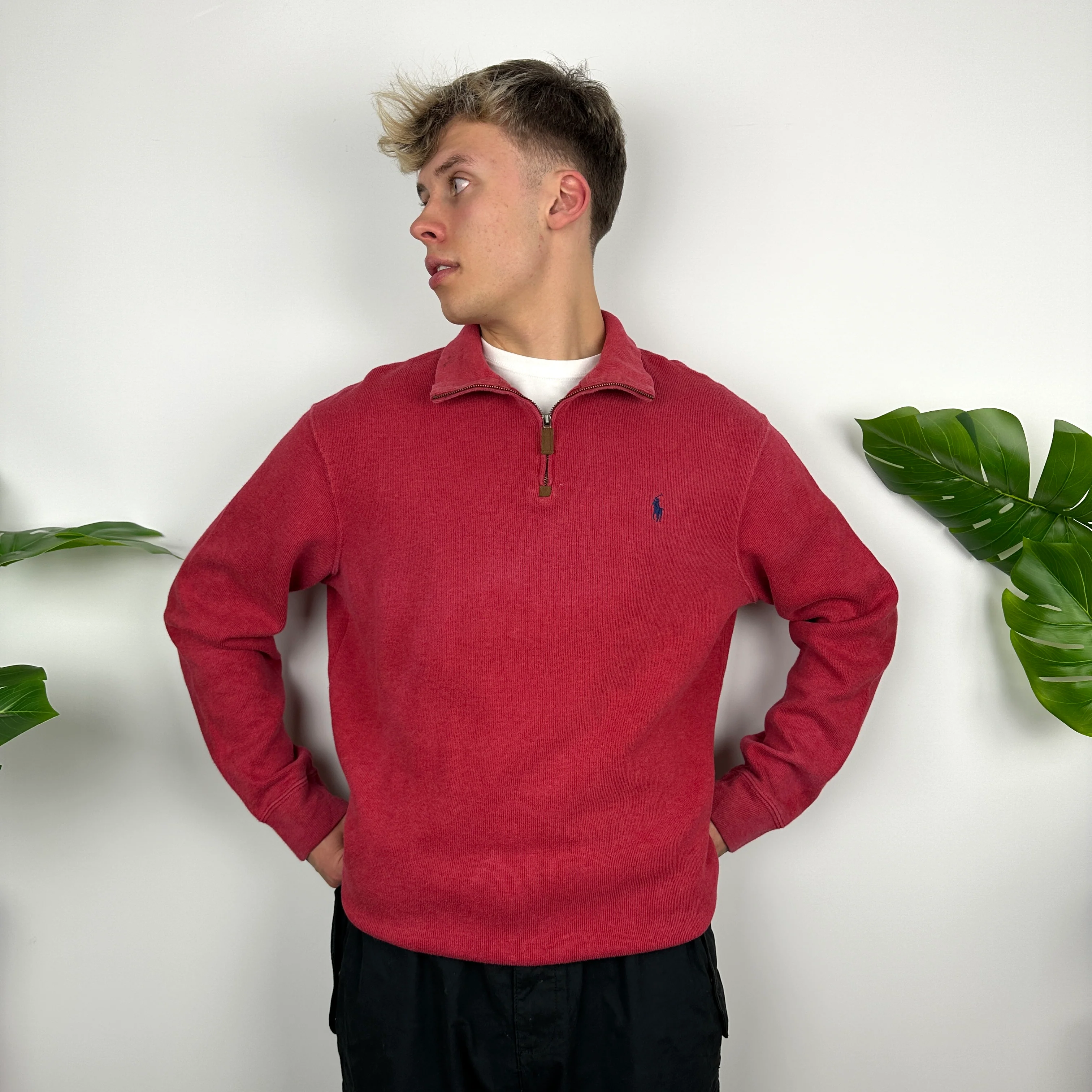 Polo Ralph Lauren Red Embroidered Logo Quarter Zip Sweatshirt (L) - Image 2