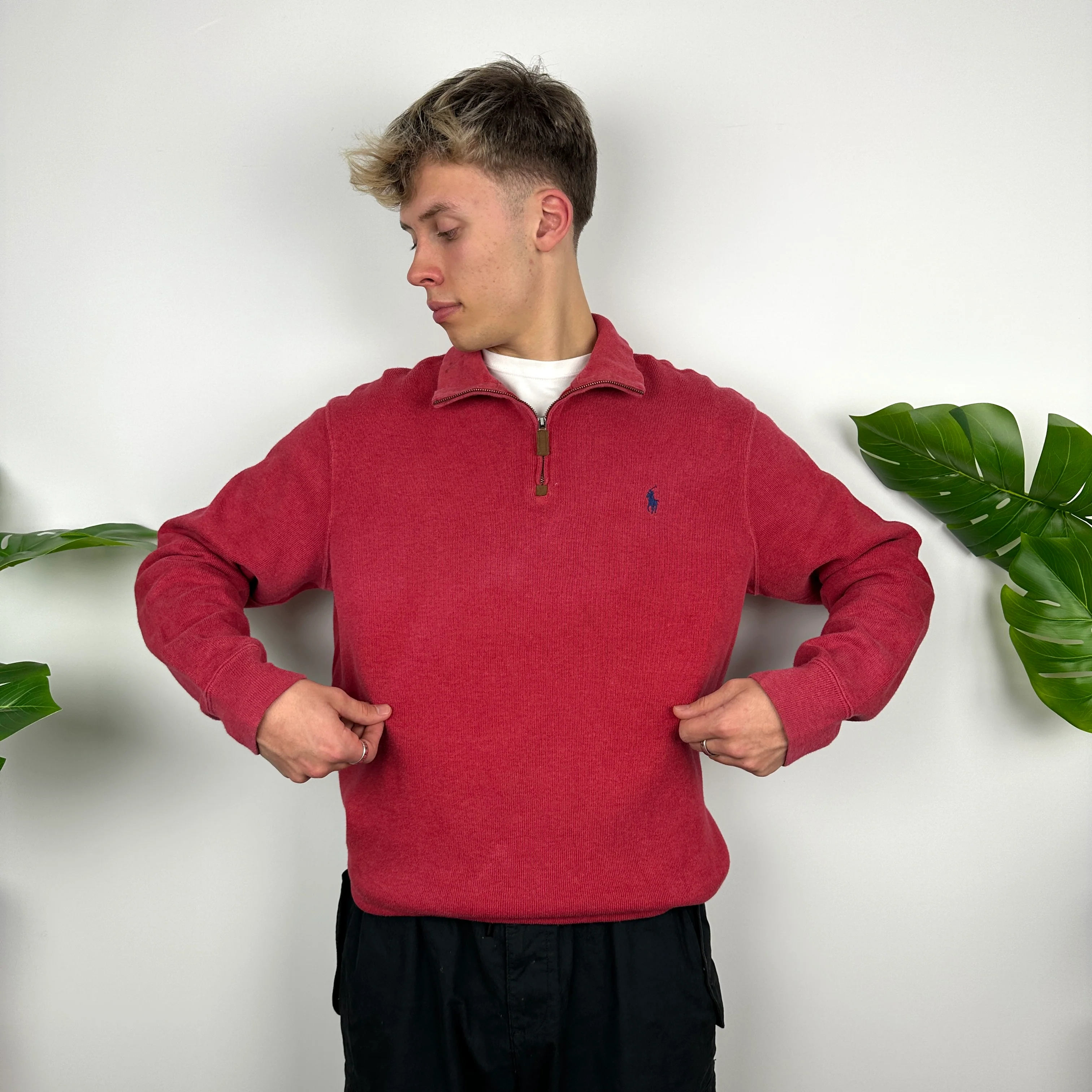 Polo Ralph Lauren Red Embroidered Logo Quarter Zip Sweatshirt (L) - Image 7
