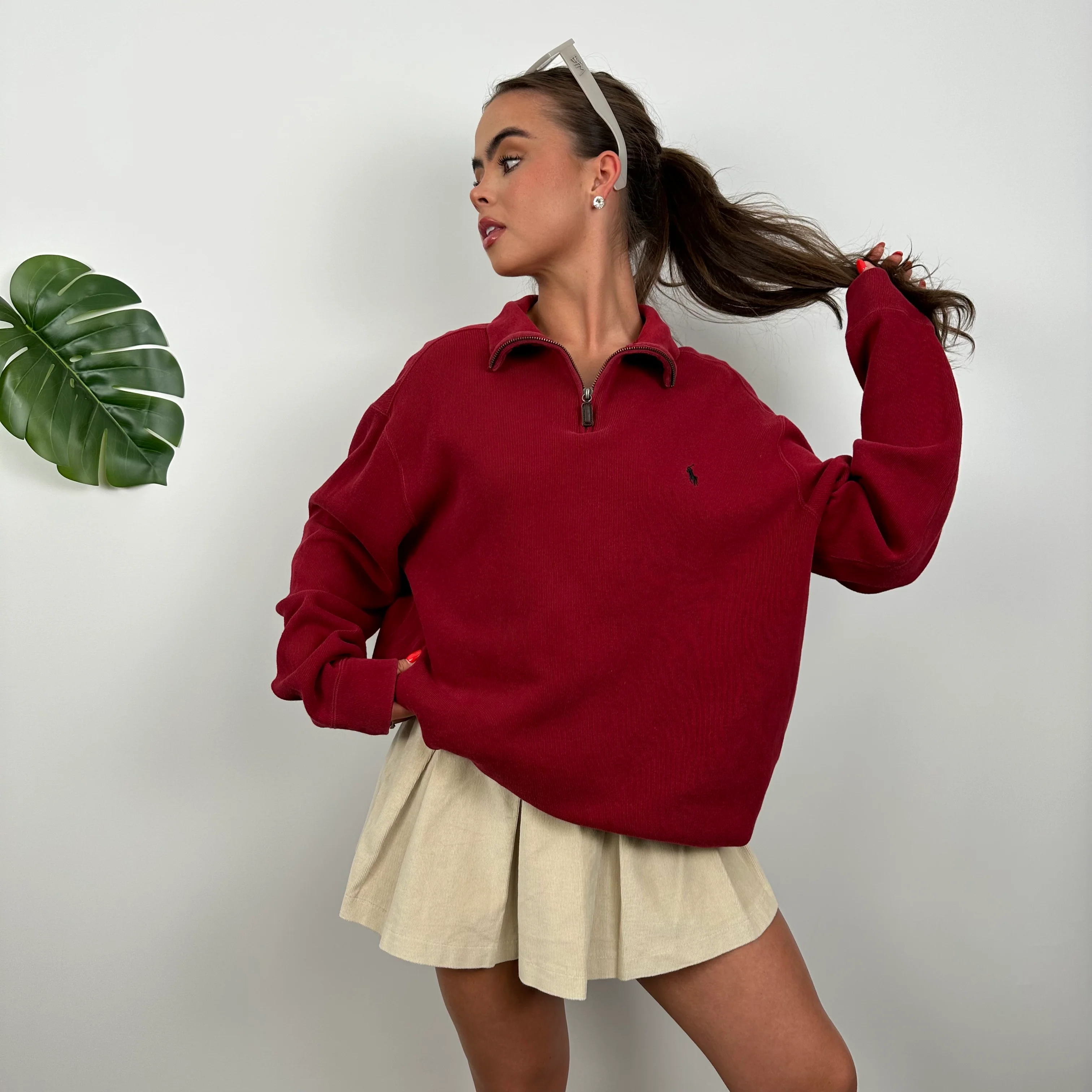 Polo Ralph Lauren Red Embroidered Logo Quarter Zip Sweatshirt (L) - Image 3