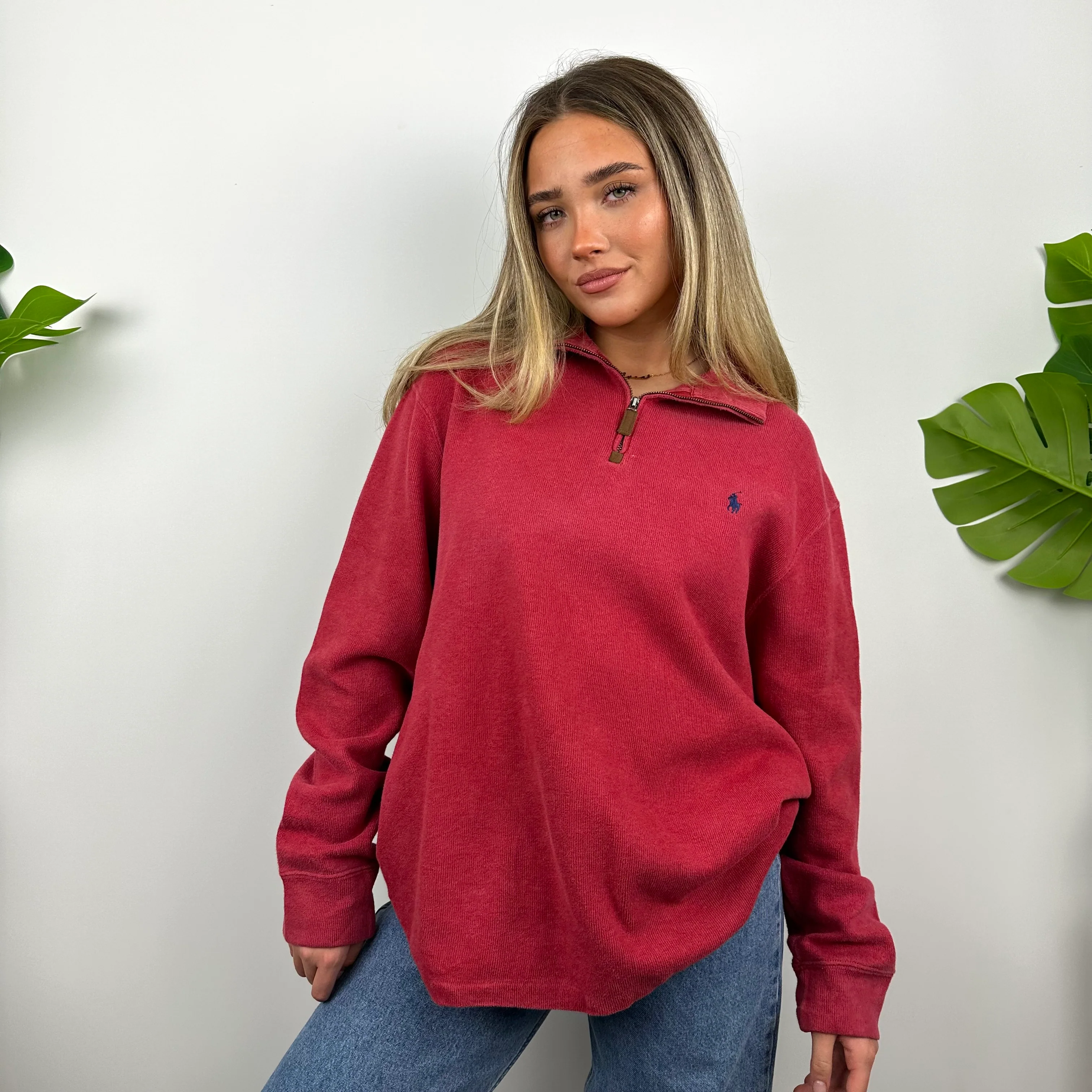 Polo Ralph Lauren Red Embroidered Logo Quarter Zip Sweatshirt (L) - Image 3