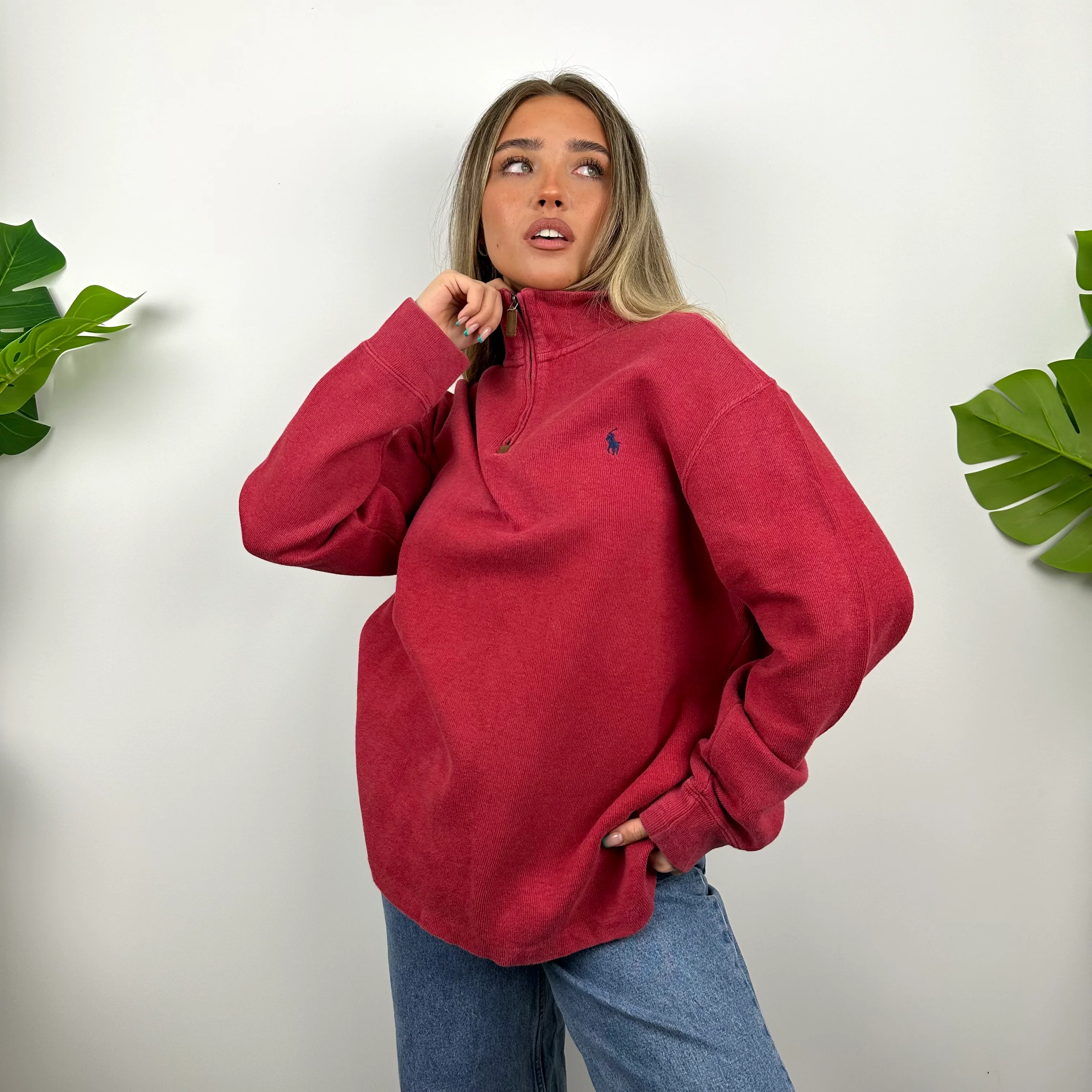 Polo Ralph Lauren Red Embroidered Logo Quarter Zip Sweatshirt (L) - Image 5