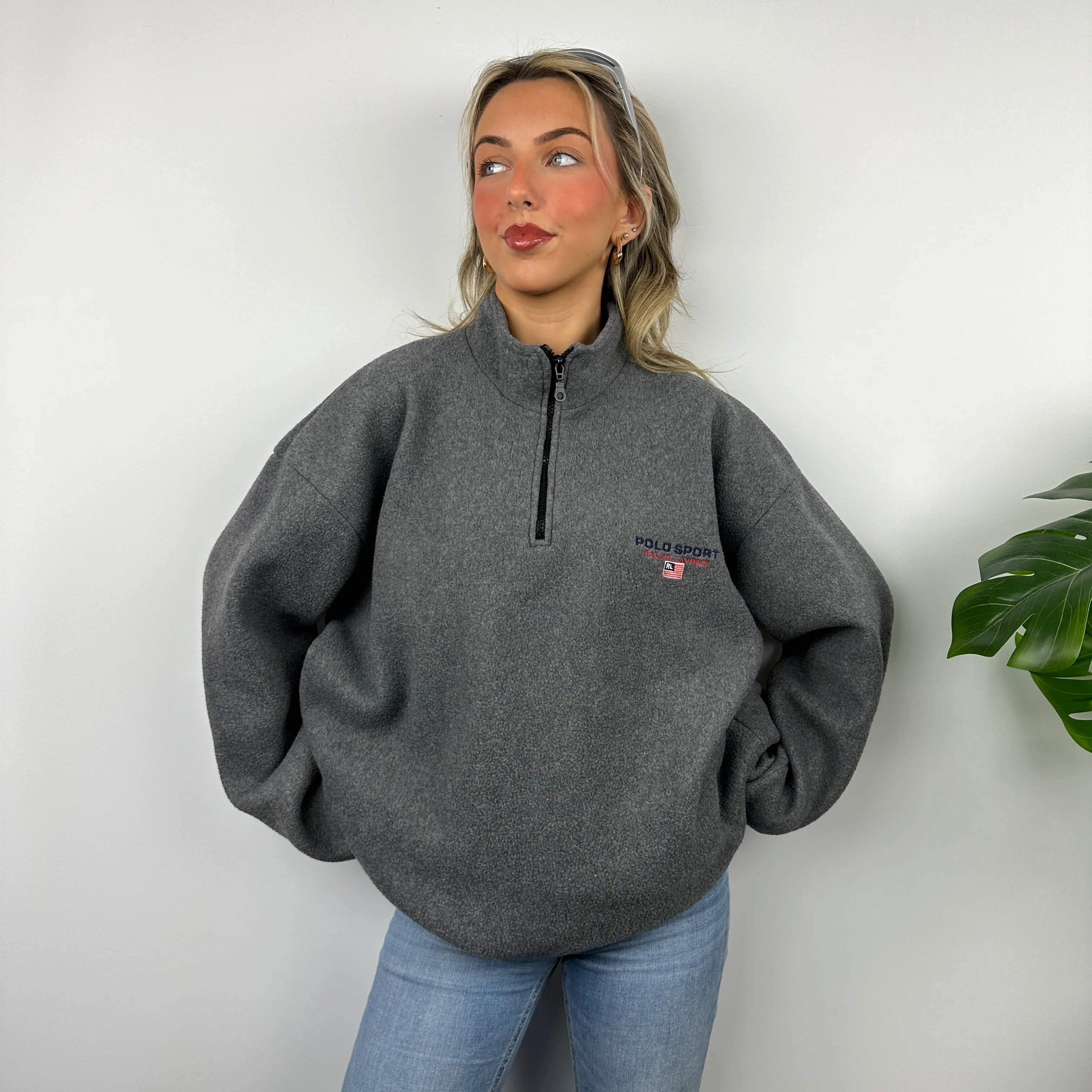 Polo Ralph Lauren Sport RARE Grey Embroidered Spell Out Teddy Bear Fleece Quarter Zip Sweatshirt (XL) - Image 5