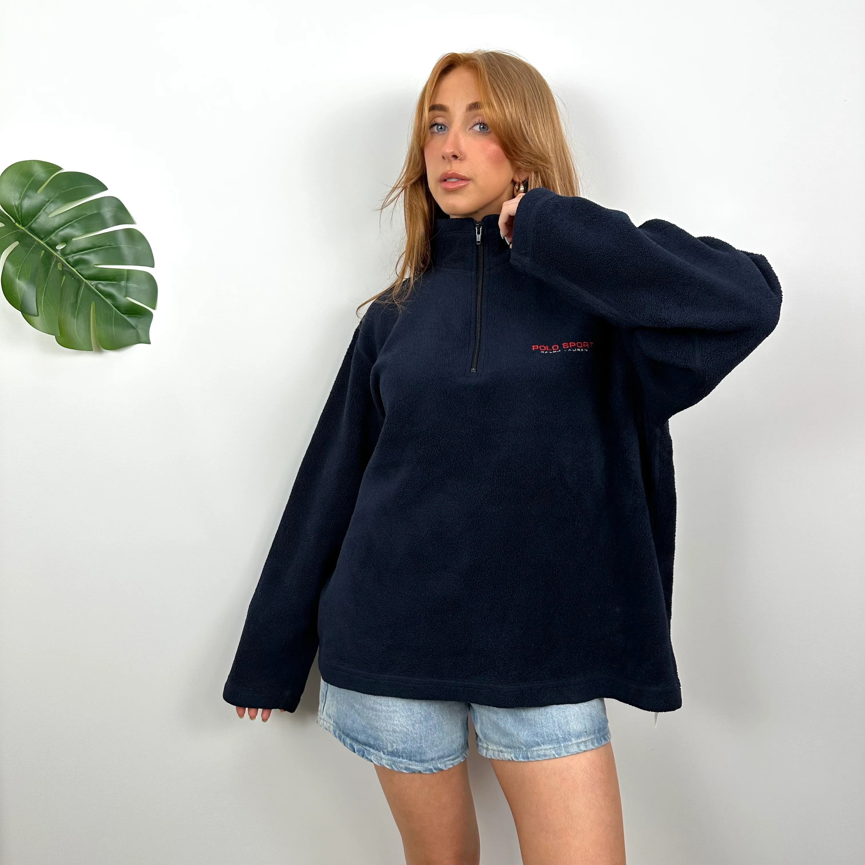 Polo Ralph Lauren Sport RARE Navy Embroidered Spell Out Teddy Bear Fleece Quarter Zip Sweatshirt (M) - Image 5