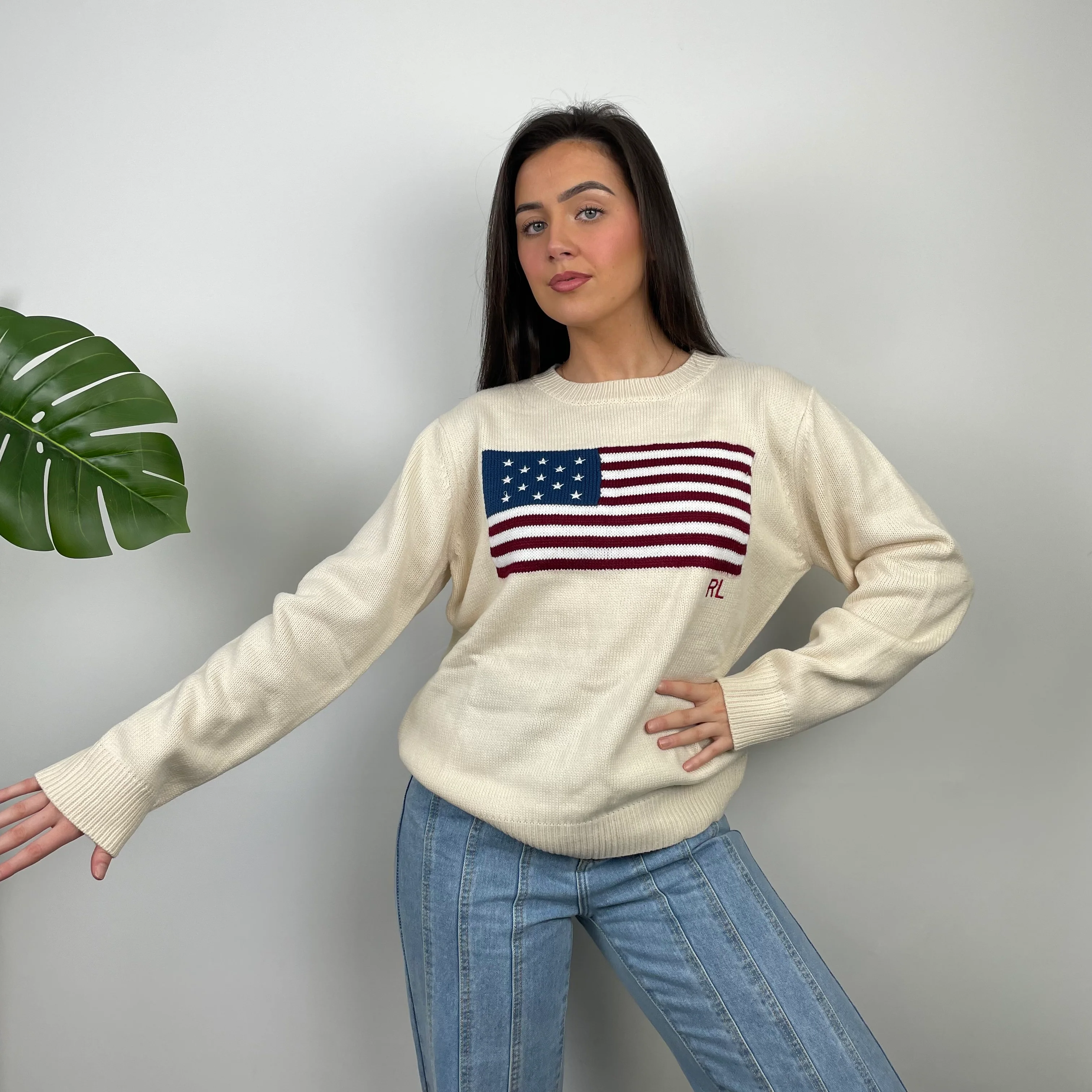 Polo Ralph Lauren Cream Embroidered Spell Out Knitted Sweater (M)